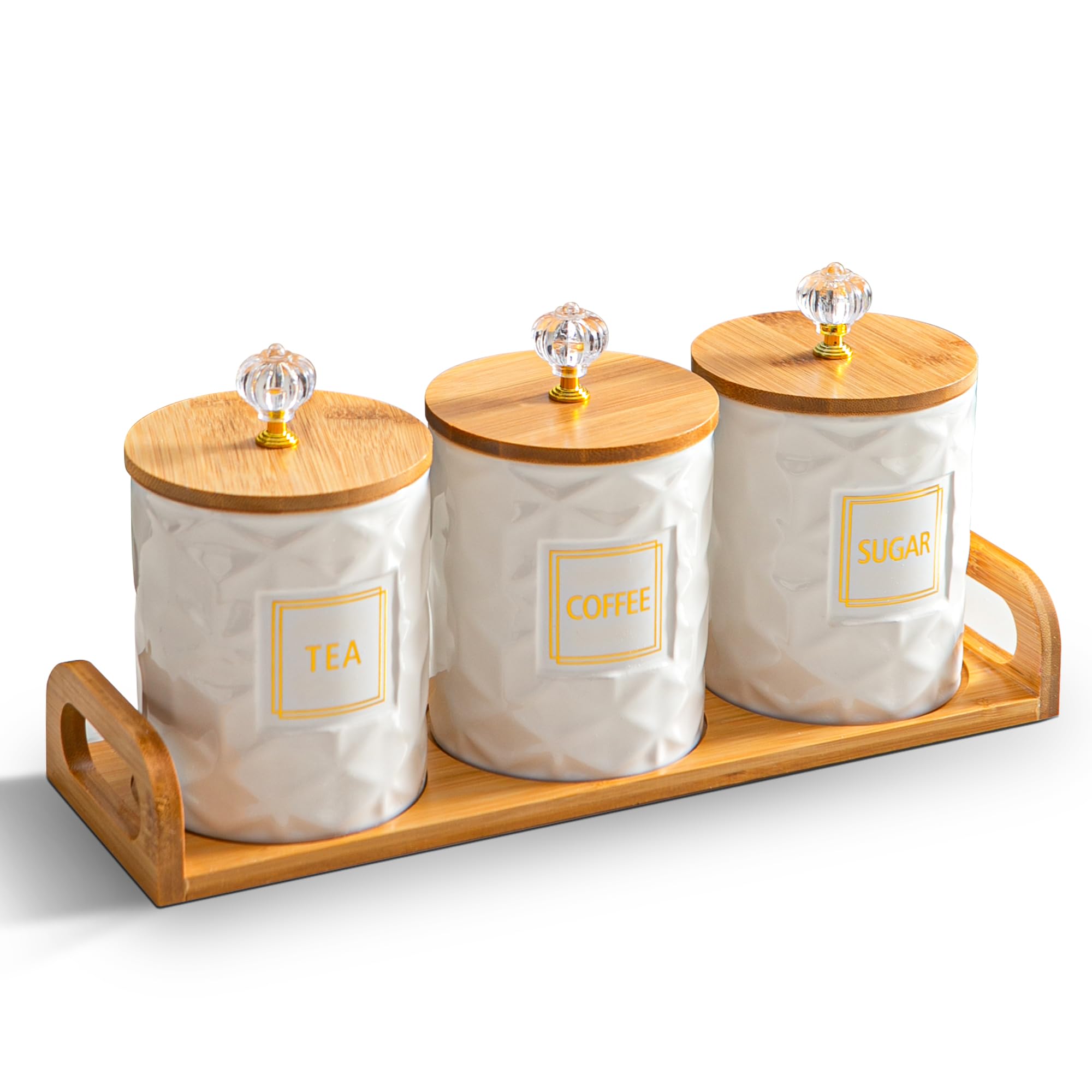 White Ceramic Canister Set for Coffee Tea Sugar, 3-Piece Food Storage Jars with Wood Airtight Lids, Decorative Small Container for Kitchen Pantry Counter - 25oz