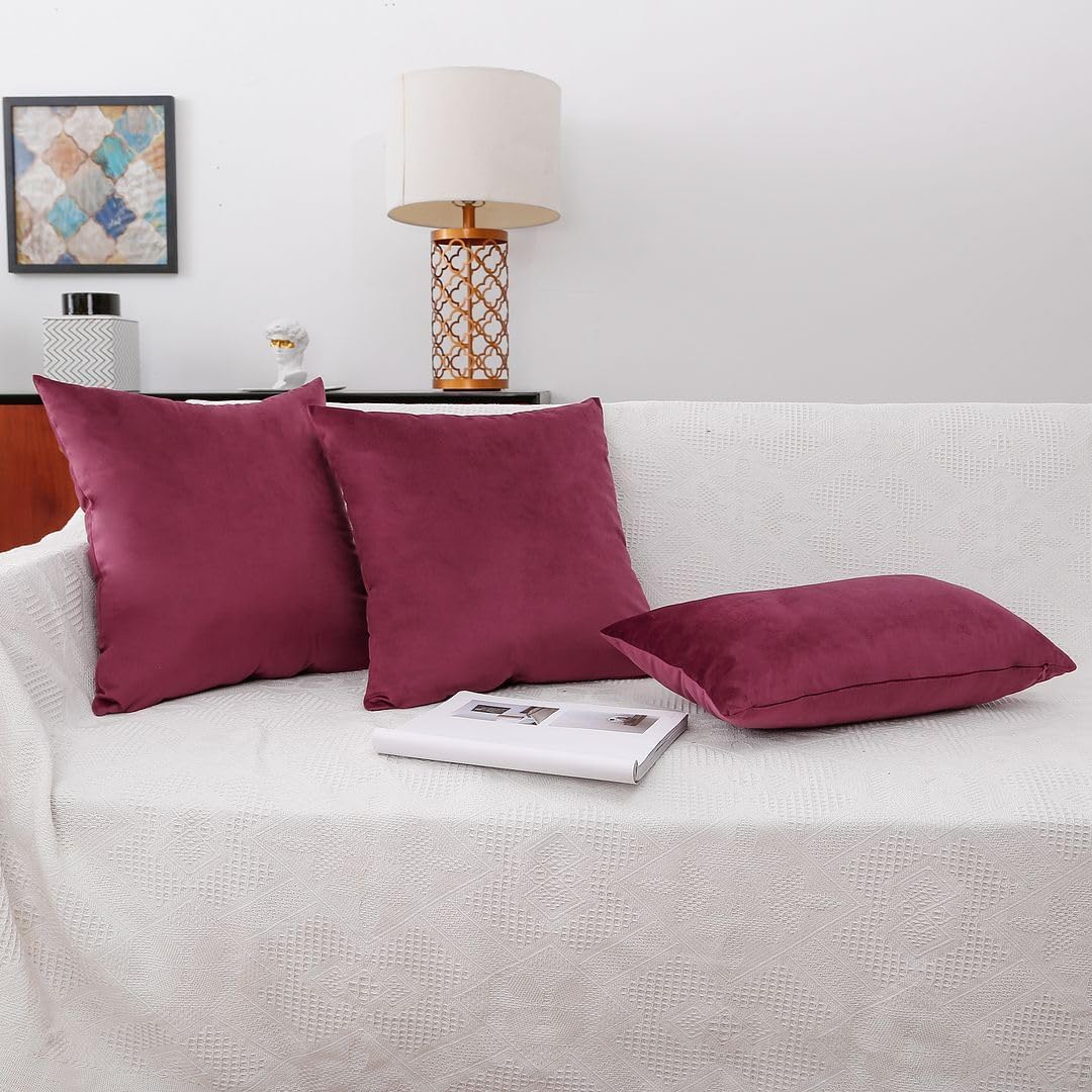 MoonRest - Pack of 2, Velvet Decorative Throw Pillow Filled with Synthetic Down Alternative, Cozy Soft with Hidden Zipper - Solid Color for Sofa Bedroom Couch 26 x 26 Burgundy