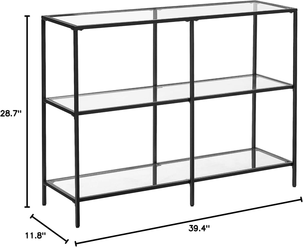 VASAGLE 39.4 Inch Console Table with 3 Shelves, Sofa Tables, Modern Entryway Table, Metal Frame, Tempered Glass Shelf, Entryway Living Room Bedroom, Classic Black and Transparent ULGT027B01