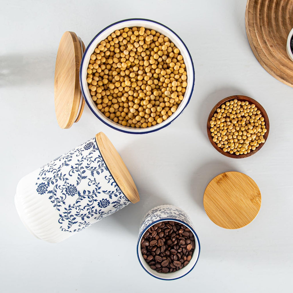 Canisters Sets for Kitchen - Ceramic Kitchen Containers for Countertop with Airtight Wood Lids - Flour and Sugar Containers for Coffee Tea Spice Beans Cookie Jars - Blue Set of 3