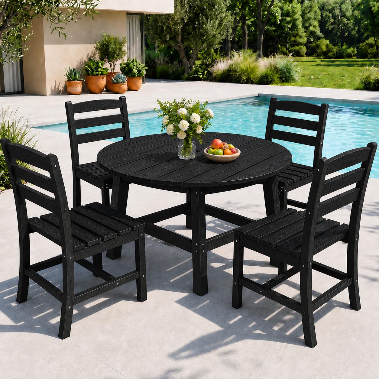 Pamapic 5 PCS Outdoor Dining Set, Spacious HDPE Outdoor Table and Chairs, Wood Grain Patio Furniture Sets with Elegant Armrest, All-Weather Patio Dining Table with Umbrella Hole, Gray
