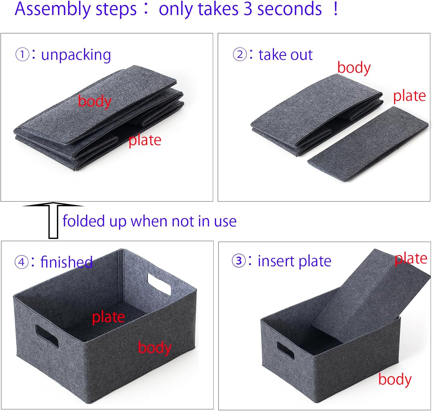 2 pack self-supporting collapsible felt storage basket in darkgrey for storaging and sorting of clothes, toys and office files