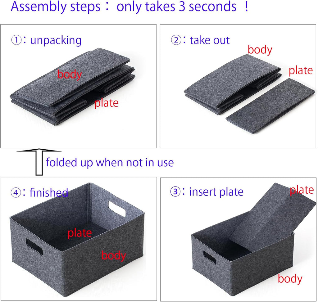2 pack self-supporting collapsible felt storage basket in darkgrey for storaging and sorting of clothes, toys and office files