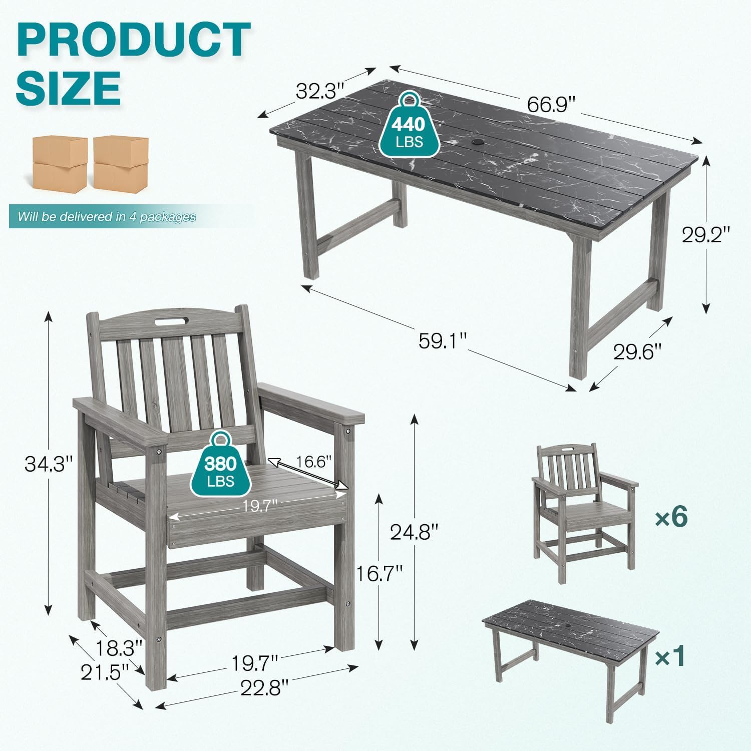 Mdeam 7-Piece HIPS Outdoor Dining Set, 66.9" Marble Texture Patio Table with Umbrella Hole, 440LBS Capacity, 6 Wider Chairs, Dining Table Set for 6, Outdoor Furniture with Galvanized Steel Frame, Grey