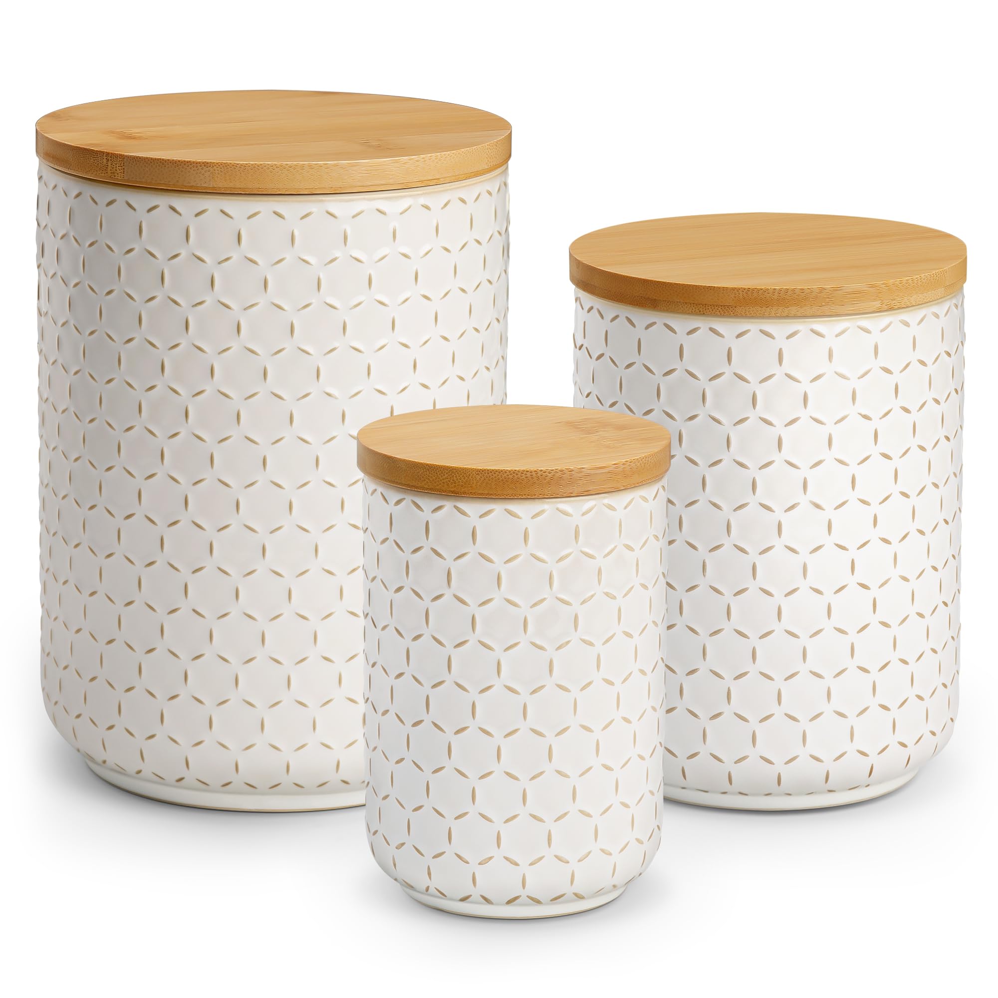 MALACASA LYDIA Ceramic Canisters Set with Airtight Lids, 80/40/20 oz Coffee Canisters Sets for the Kitchen, Large Jars for Flour, Sugar, Pasta, Coffee, Cookies, Tea - Set of 3, Five-Leaf Grass
