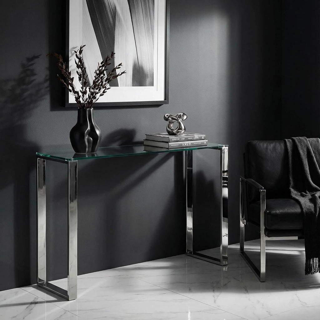 Cortesi Home Remi Contemporary Glass Console Table with Chrome Finish