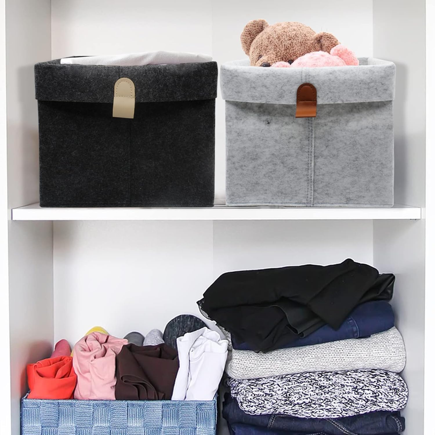 Felt Storage Basket, Folded Closet Storage Bins Large Capacity Cube Storage Bin with Hanger, Multifuctional Storage Bins for Shelves, Clothing, Books, Shoes (light gray)