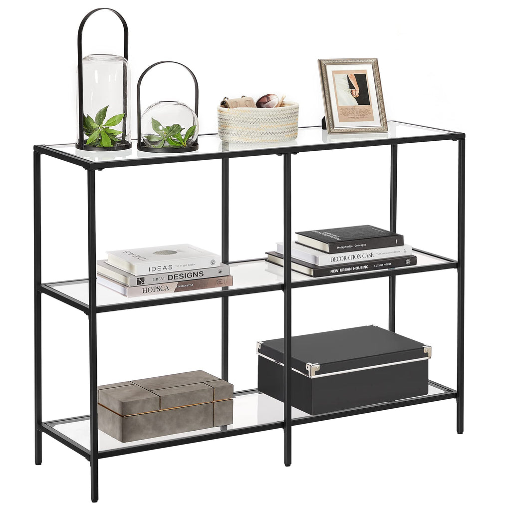 VASAGLE 39.4 Inch Console Table with 3 Shelves, Sofa Tables, Modern Entryway Table, Metal Frame, Tempered Glass Shelf, Entryway Living Room Bedroom, Classic Black and Transparent ULGT027B01