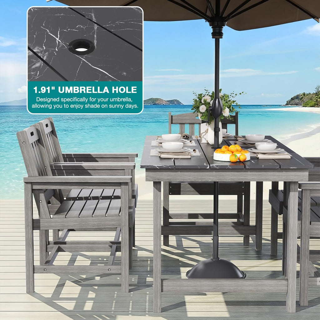 Mdeam 7-Piece HIPS Outdoor Dining Set, 66.9" Marble Texture Patio Table with Umbrella Hole, 440LBS Capacity, 6 Wider Chairs, Dining Table Set for 6, Outdoor Furniture with Galvanized Steel Frame, Grey