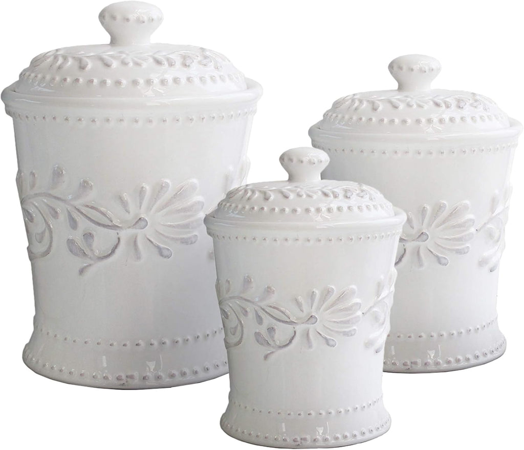 American Atelier Bianca Leaf Canister Set 3-Piece Ceramic Jars in 20oz, 48oz and 80oz Chic Design With Lids for Cookies, Candy, Coffee, Flour, Sugar, Rice, Pasta, Cereal & More,White