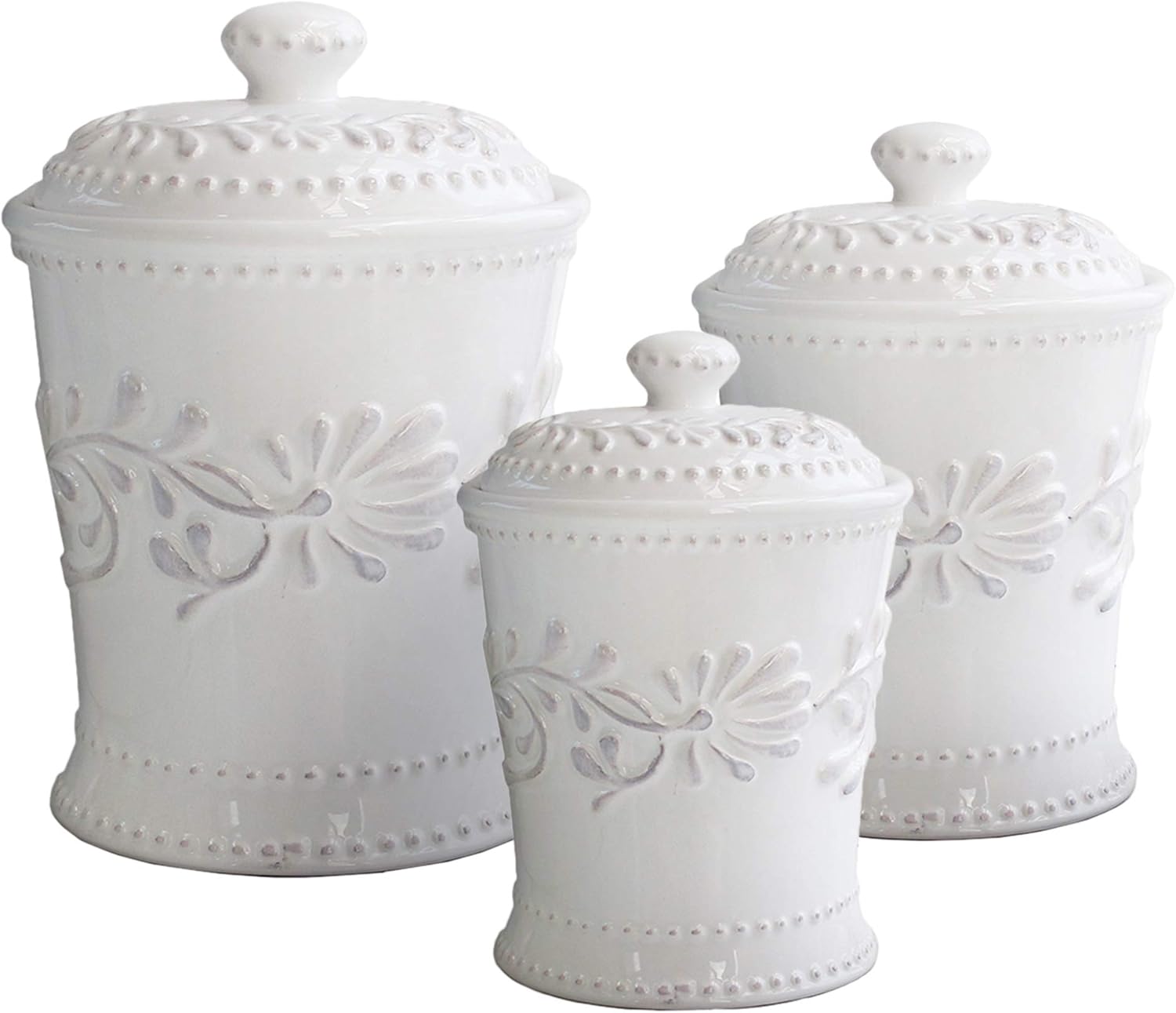 American Atelier Bianca Leaf Canister Set 3-Piece Ceramic Jars in 20oz, 48oz and 80oz Chic Design With Lids for Cookies, Candy, Coffee, Flour, Sugar, Rice, Pasta, Cereal & More,White