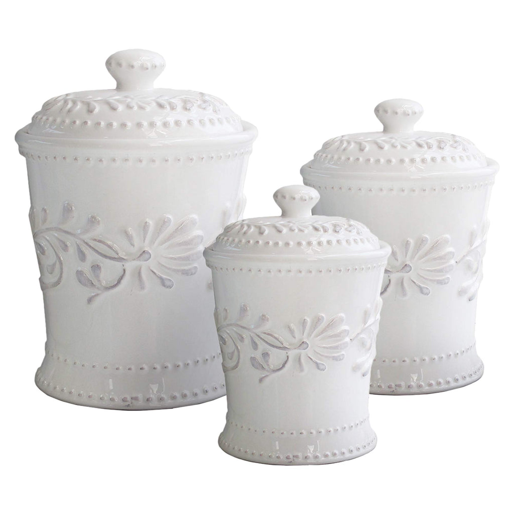 American Atelier Bianca Leaf Canister Set 3-Piece Ceramic Jars in 20oz, 48oz and 80oz Chic Design With Lids for Cookies, Candy, Coffee, Flour, Sugar, Rice, Pasta, Cereal & More,White