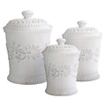 American Atelier Bianca Leaf Canister Set 3-Piece Ceramic Jars in 20oz, 48oz and 80oz Chic Design With Lids for Cookies, Candy, Coffee, Flour, Sugar, Rice, Pasta, Cereal & More,White