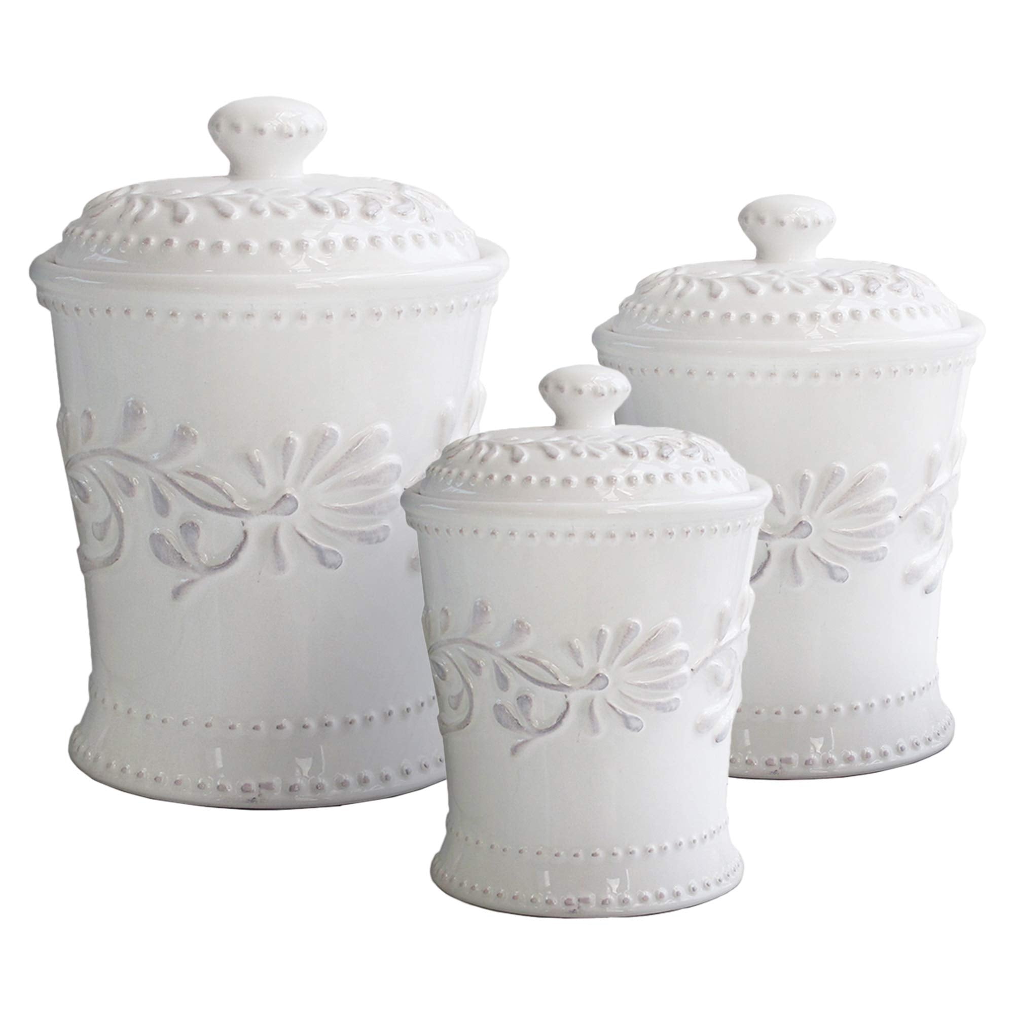 American Atelier Bianca Leaf Canister Set 3-Piece Ceramic Jars in 20oz, 48oz and 80oz Chic Design With Lids for Cookies, Candy, Coffee, Flour, Sugar, Rice, Pasta, Cereal & More,White