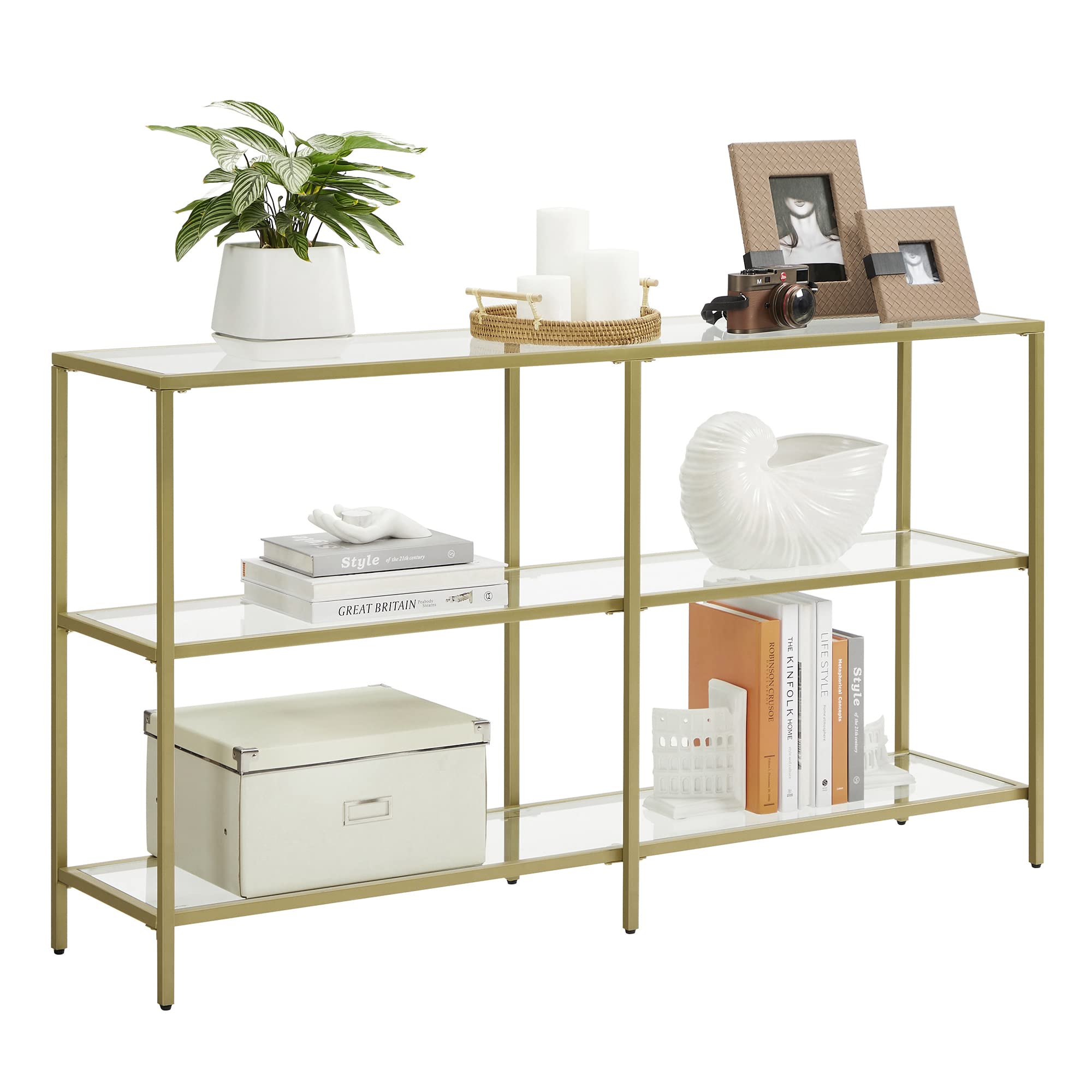 VASAGLE 39.4 Inch Console Table with 3 Shelves, Sofa Tables, Modern Entryway Table, Metal Frame, Tempered Glass Shelf, Entryway Living Room Bedroom, Classic Black and Transparent ULGT027B01