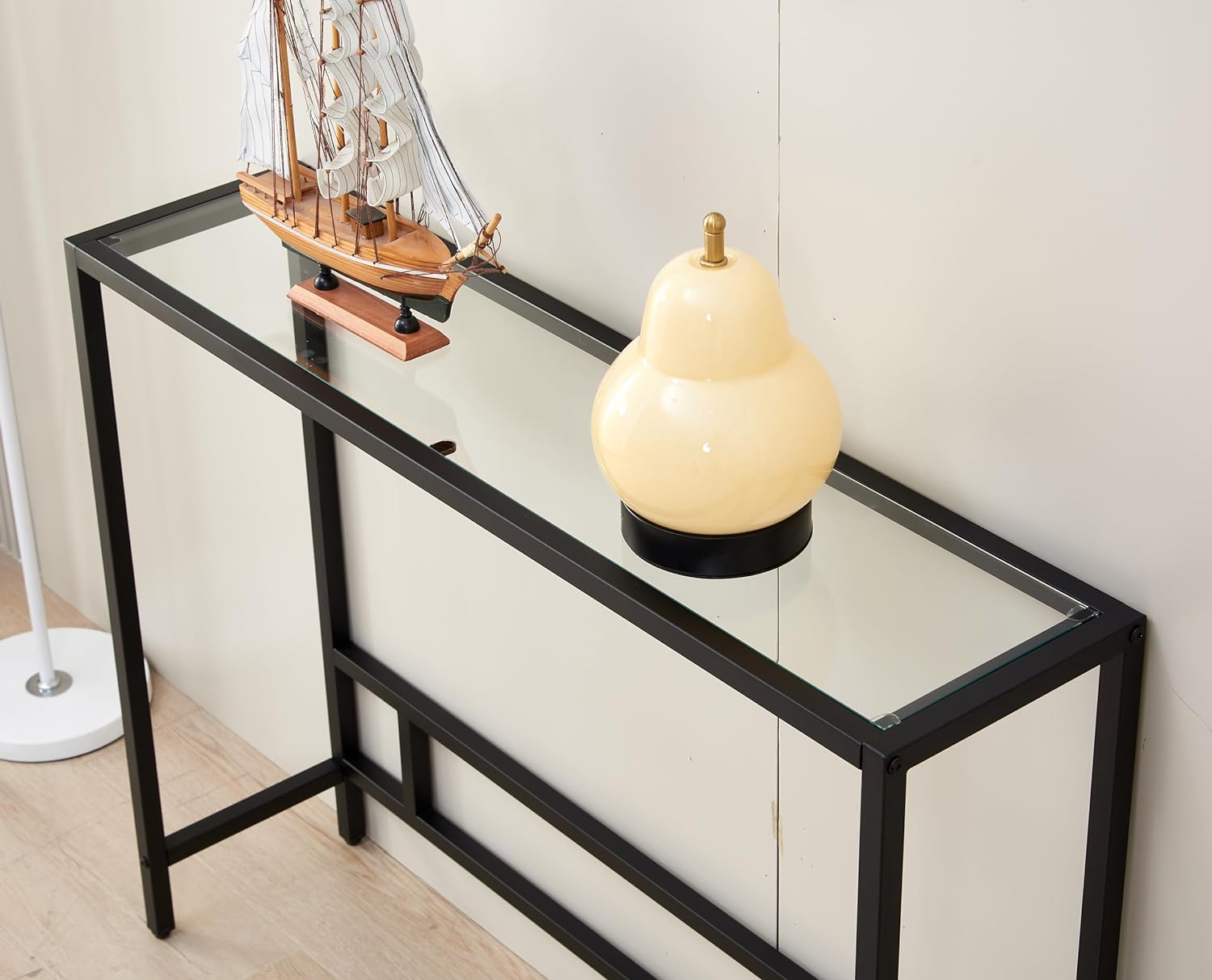 MAJARO Small Modern Console Table for Entryway, Tempered Glass with Metal Frame Sofa Table for Living Room, Hallway, Office (Single-Layer, Black)