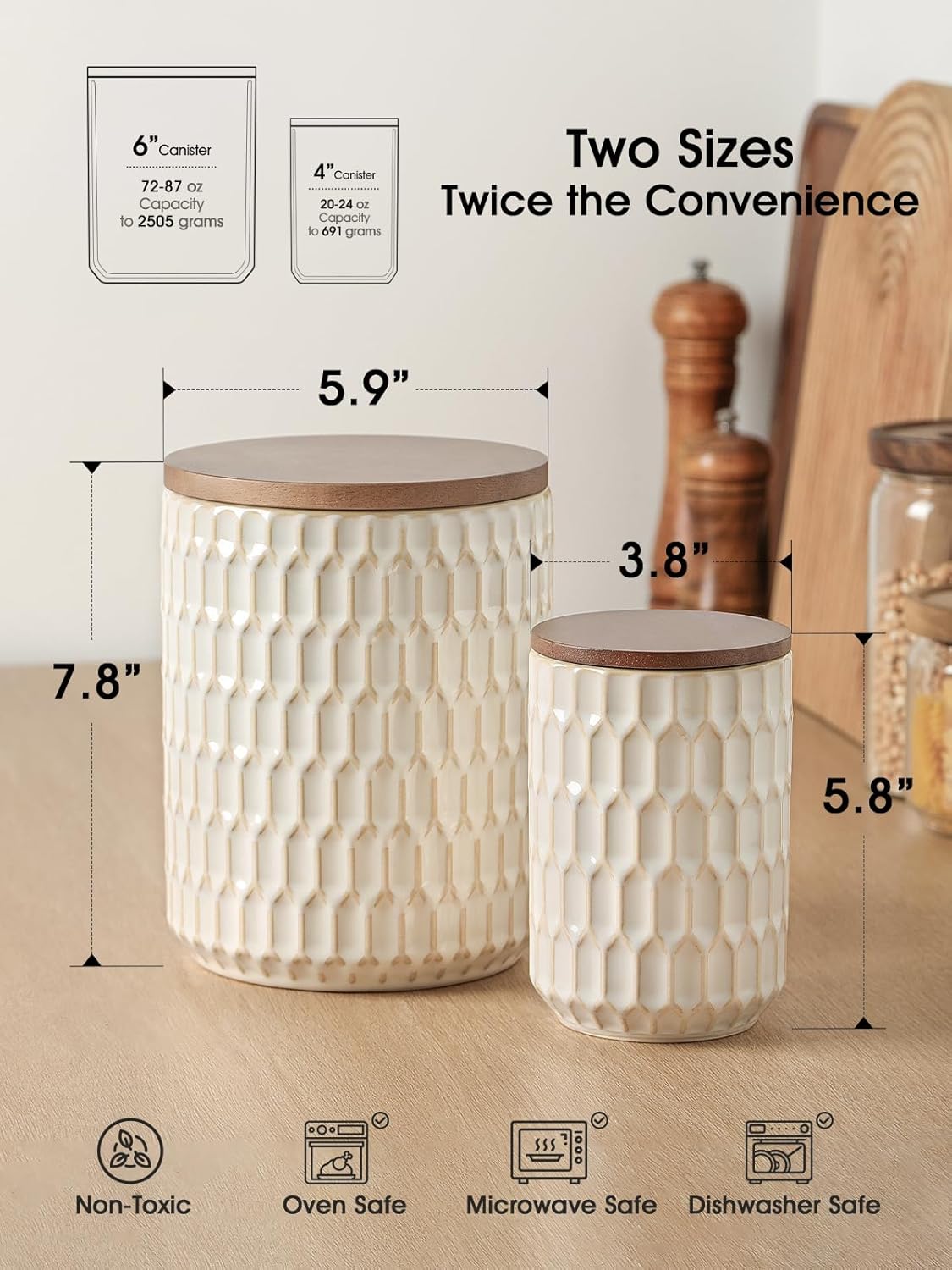 Ceramic Canisters Sets for the Kitchen, Flour Sugar Storage Containers, Diamond-Patterned Design, Coffee Canister with Airtight Lid for Counter Spice and Food (White Sets of 2)