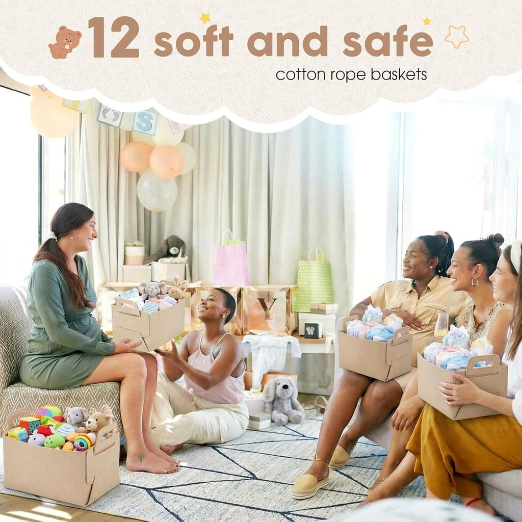 12 Pcs Storage Baskets Felt Storage Bin Beige Felt Collapsible Convenient Box Organizer with Carry Handles for Office Bedroom Closet Babies Nursery Toys Laundry (9.8×7.1×5.9in)