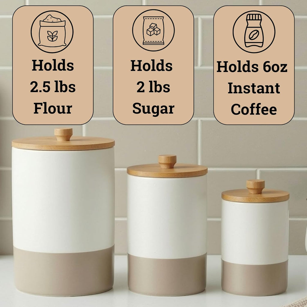 Ceramic Kitchen Canisters for Countertop Set of 3 with Airtight Bamboo Lids - White & Beige Kitchen Canisters with Airtight Lids - Flour Sugar Canister Set - Flour and Sugar Containers Farmhouse