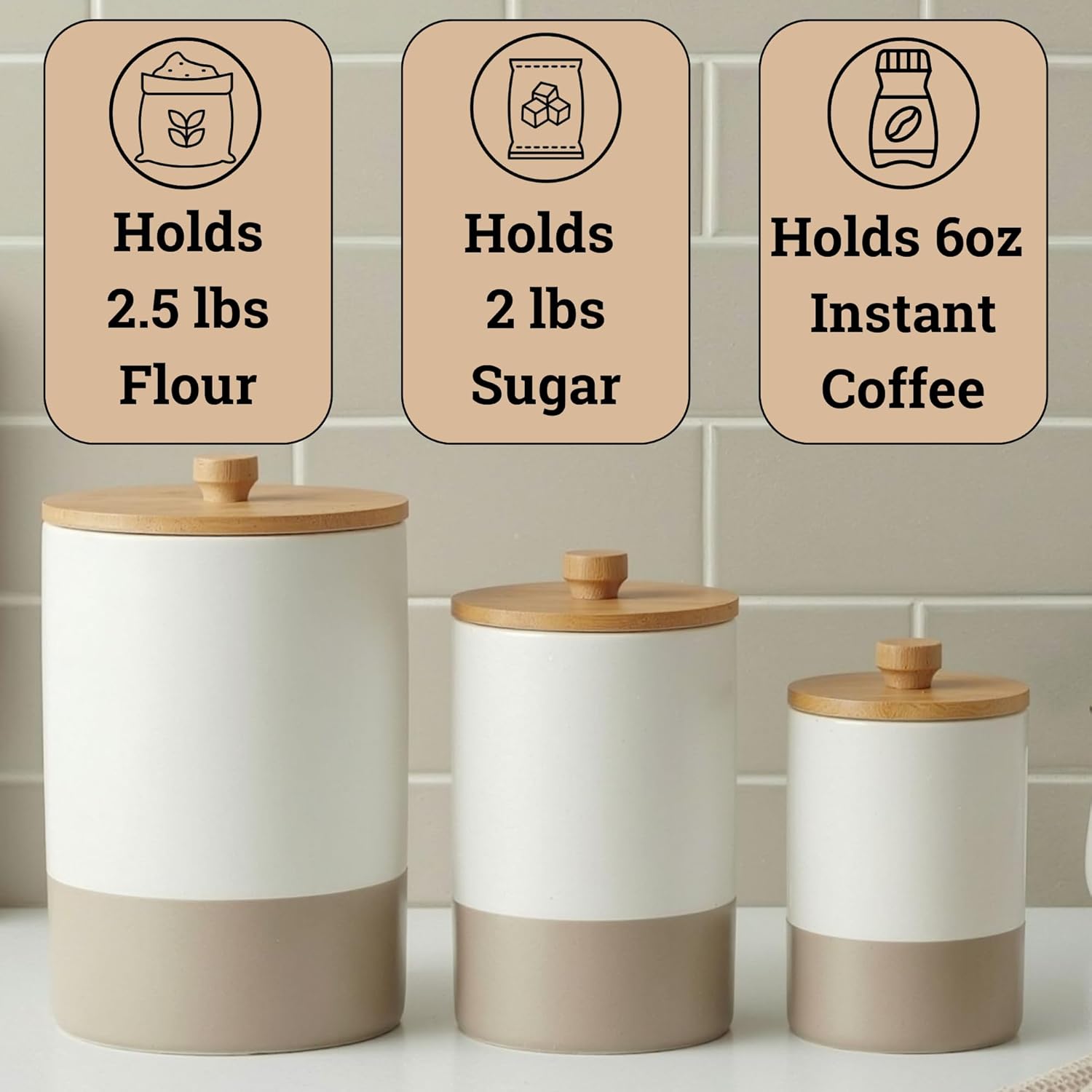 Ceramic Kitchen Canisters for Countertop Set of 3 with Airtight Bamboo Lids - White & Beige Kitchen Canisters with Airtight Lids - Flour Sugar Canister Set - Flour and Sugar Containers Farmhouse