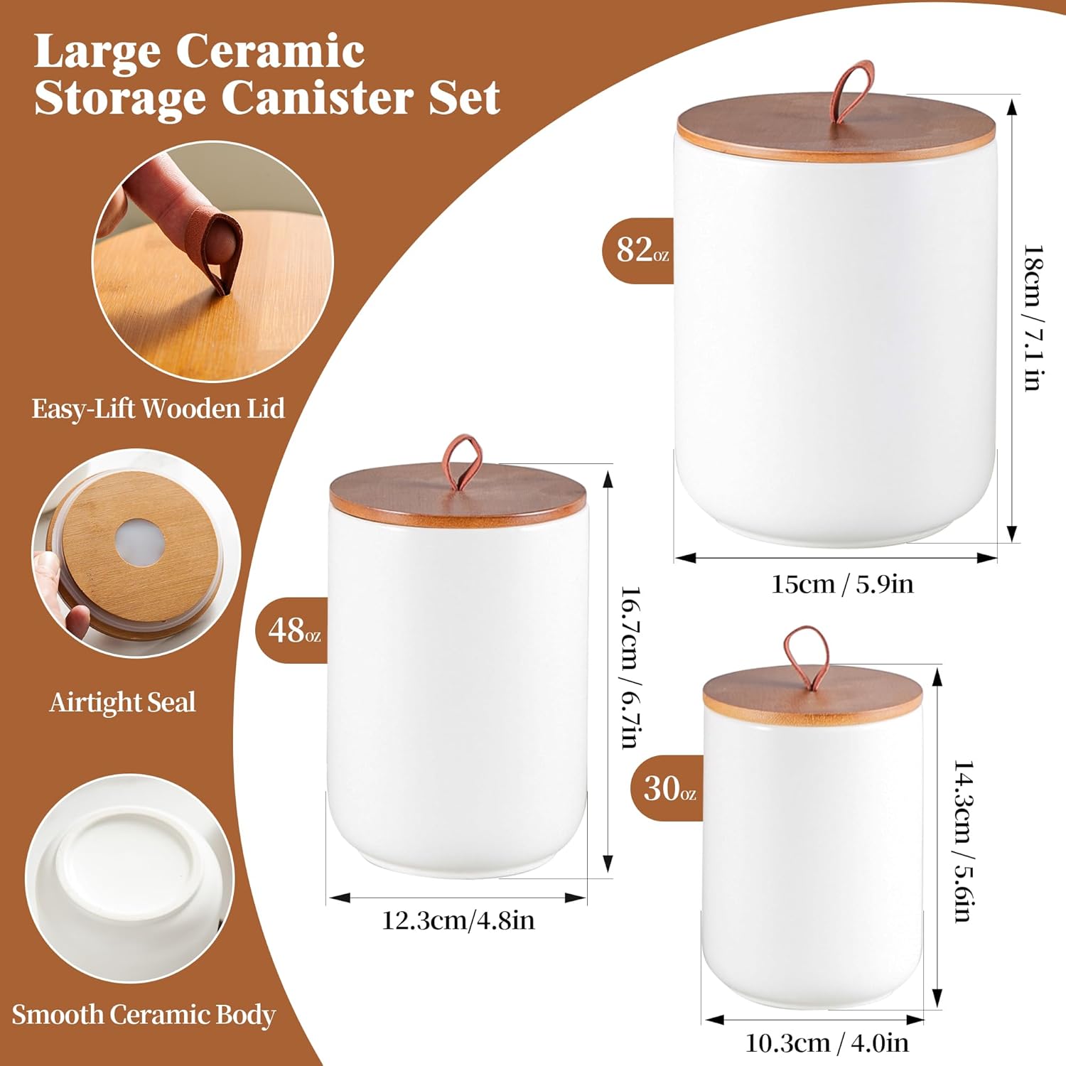 Mowtanco Ceramic Canister Set (30 oz, 48 oz, 82 oz) – White Ceramic Jar Set with Airtight Bamboo Lids for Flour, Sugar, Tea, Coffee, Pasta, Nuts – 3-Piece Storage Containers for Kitchen Counter