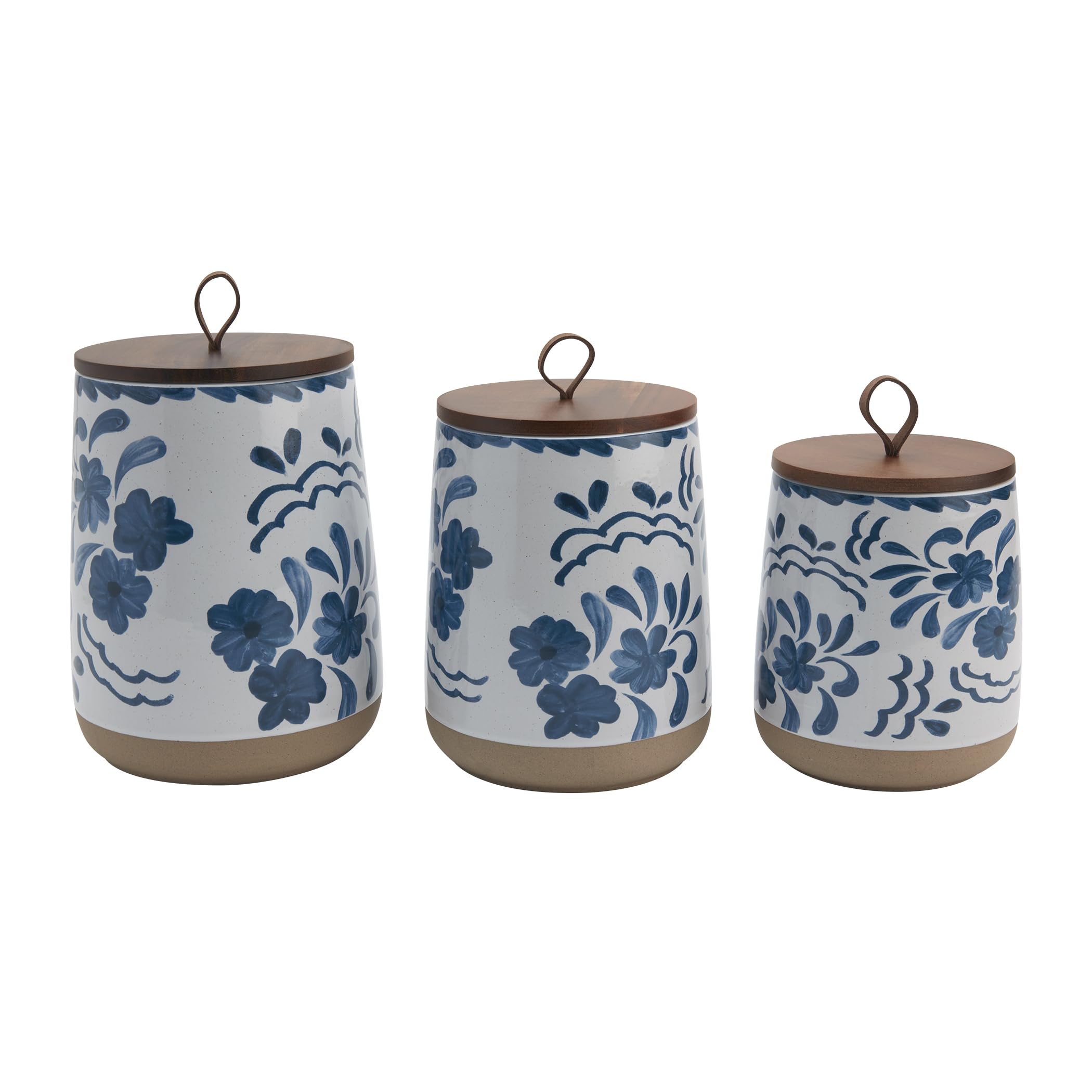 TTU Tabletops Gallery Ceramic Canister Collection- Stoneware Designed Kitchen Storage Acacia Wood White Set, 3 Piece Green Leaf Canister Set