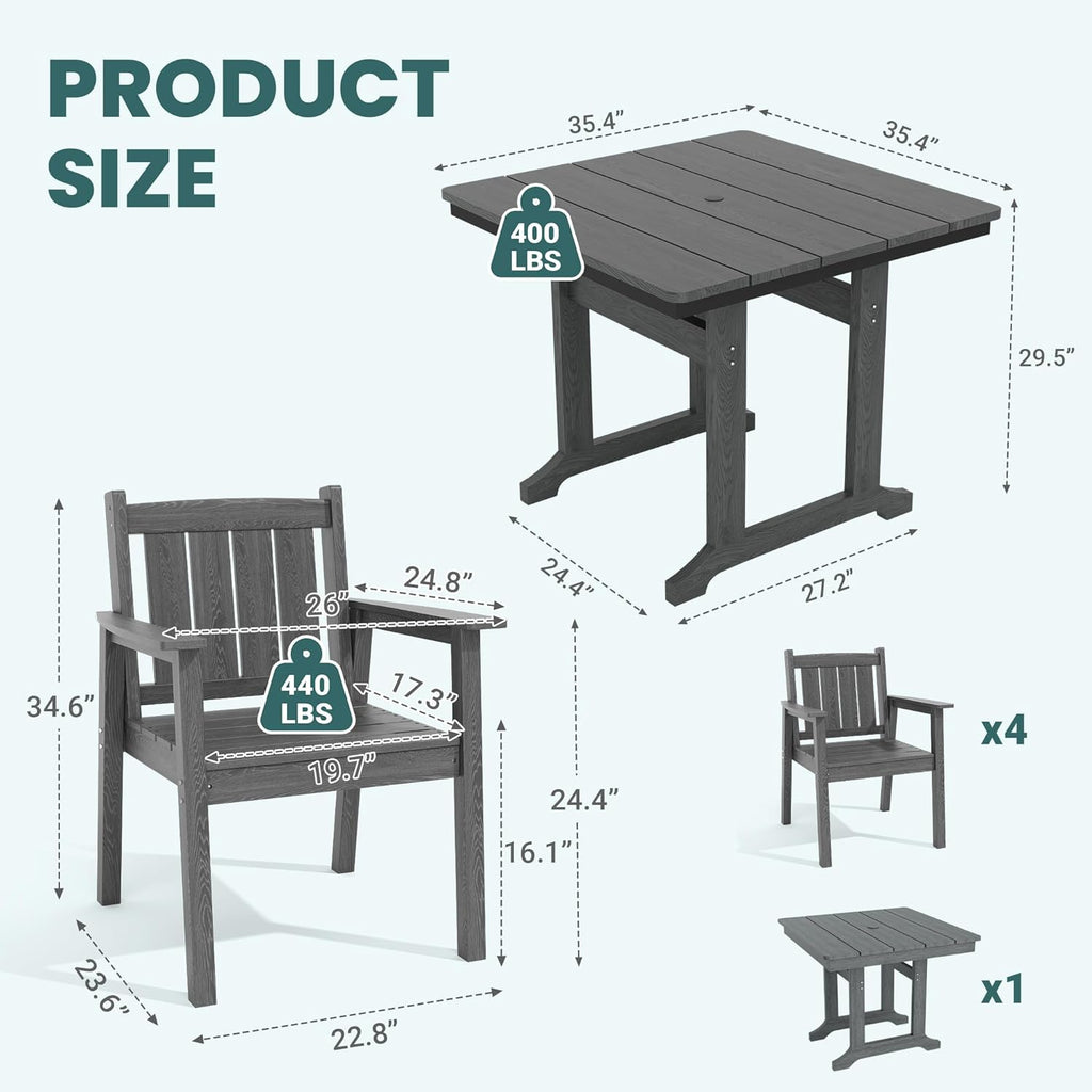 Pamapic 5 PCS Outdoor Dining Set, Spacious HDPE Outdoor Table and Chairs, Wood Grain Patio Furniture Sets with Elegant Armrest, All-Weather Patio Dining Table with Umbrella Hole, Gray