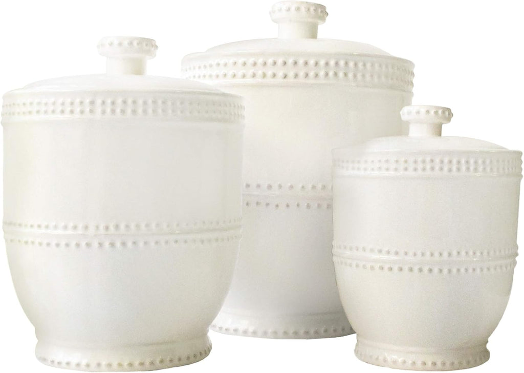American Atelier Bianca Leaf Canister Set 3-Piece Ceramic Jars in 20oz, 48oz and 80oz Chic Design With Lids for Cookies, Candy, Coffee, Flour, Sugar, Rice, Pasta, Cereal & More,White
