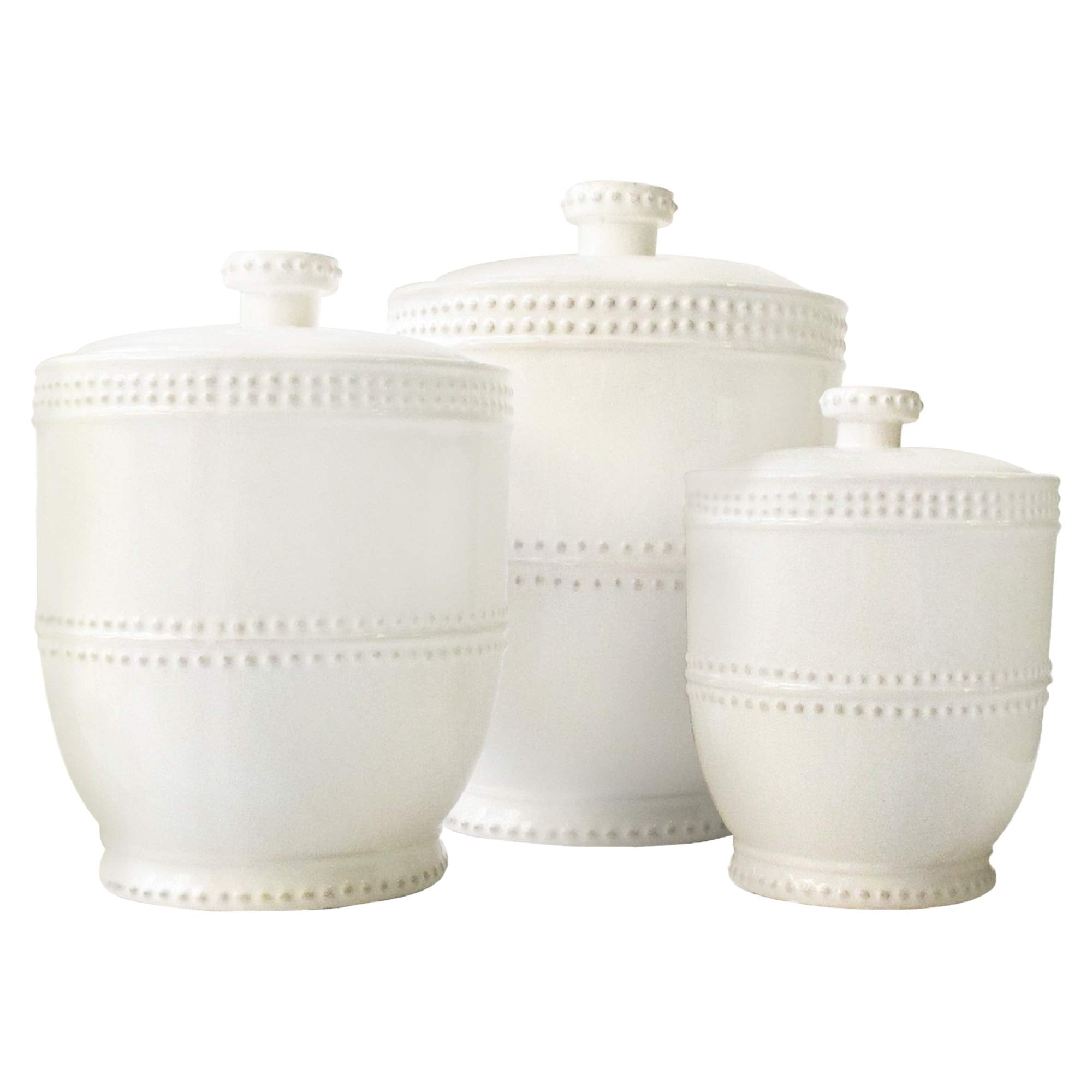 American Atelier Bianca Leaf Canister Set 3-Piece Ceramic Jars in 20oz, 48oz and 80oz Chic Design With Lids for Cookies, Candy, Coffee, Flour, Sugar, Rice, Pasta, Cereal & More,White