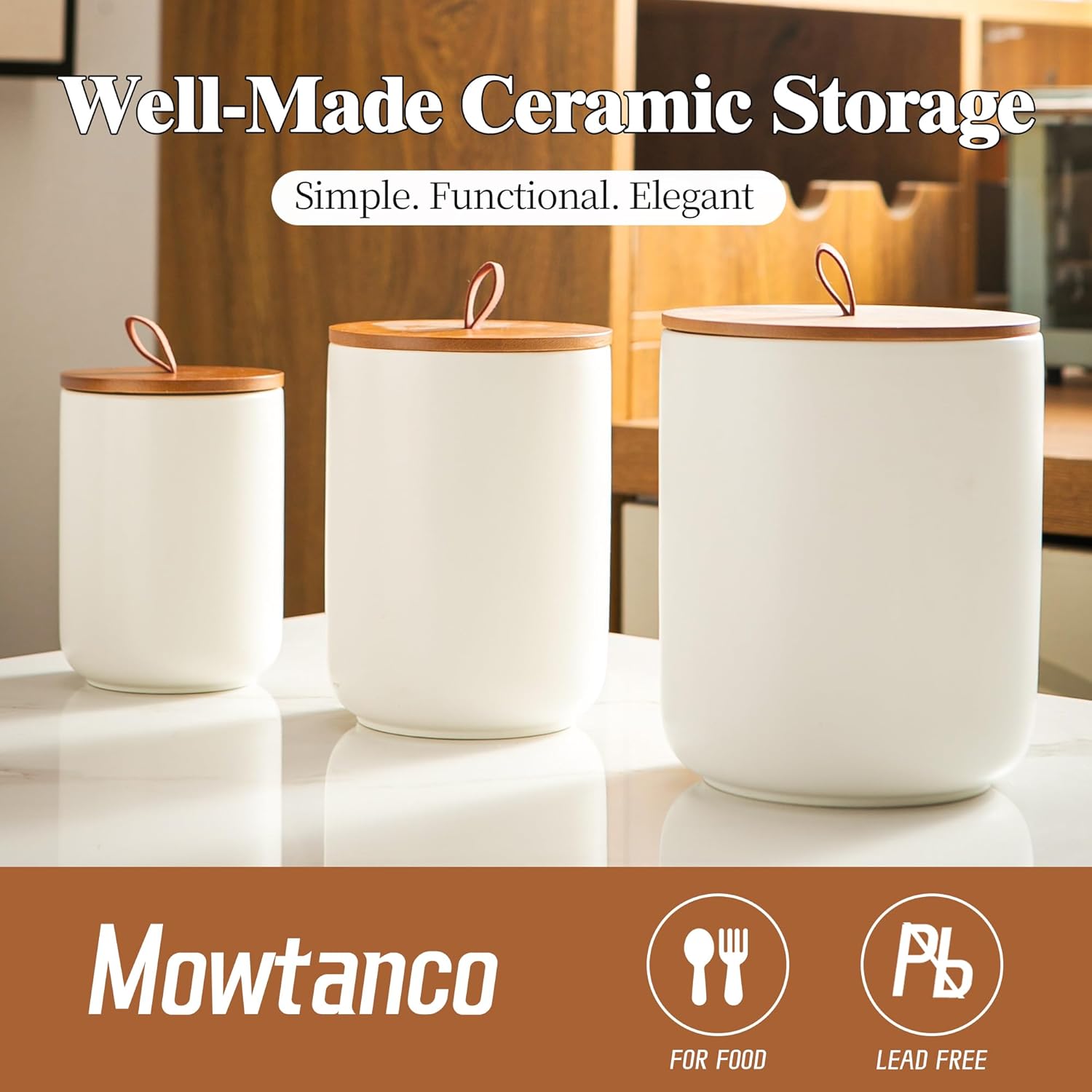 Mowtanco Ceramic Canister Set (30 oz, 48 oz, 82 oz) – White Ceramic Jar Set with Airtight Bamboo Lids for Flour, Sugar, Tea, Coffee, Pasta, Nuts – 3-Piece Storage Containers for Kitchen Counter