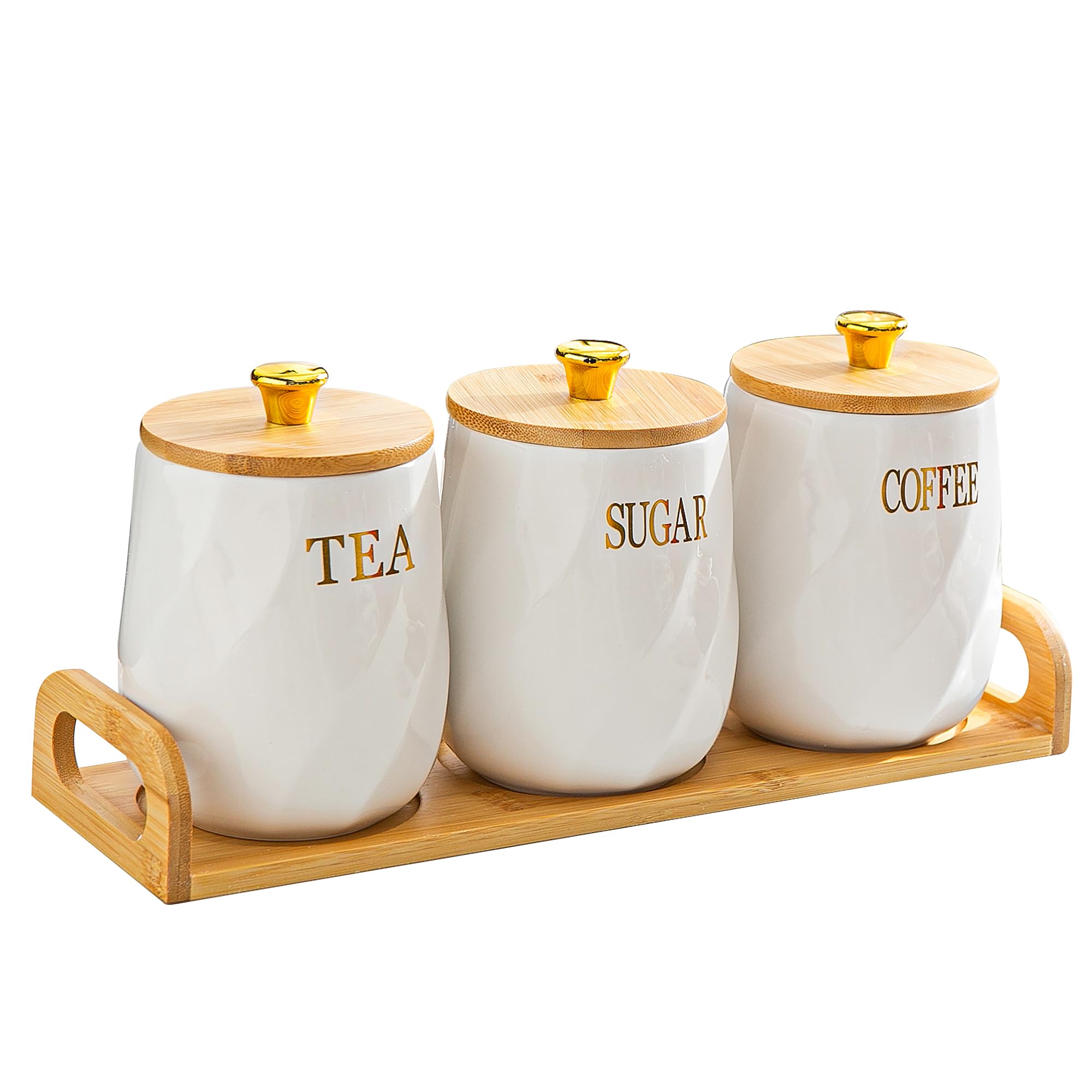 White Ceramic Canister Set for Coffee Tea Sugar, 3-Piece Food Storage Jars with Wood Airtight Lids, Decorative Small Container for Kitchen Pantry Counter - 25oz