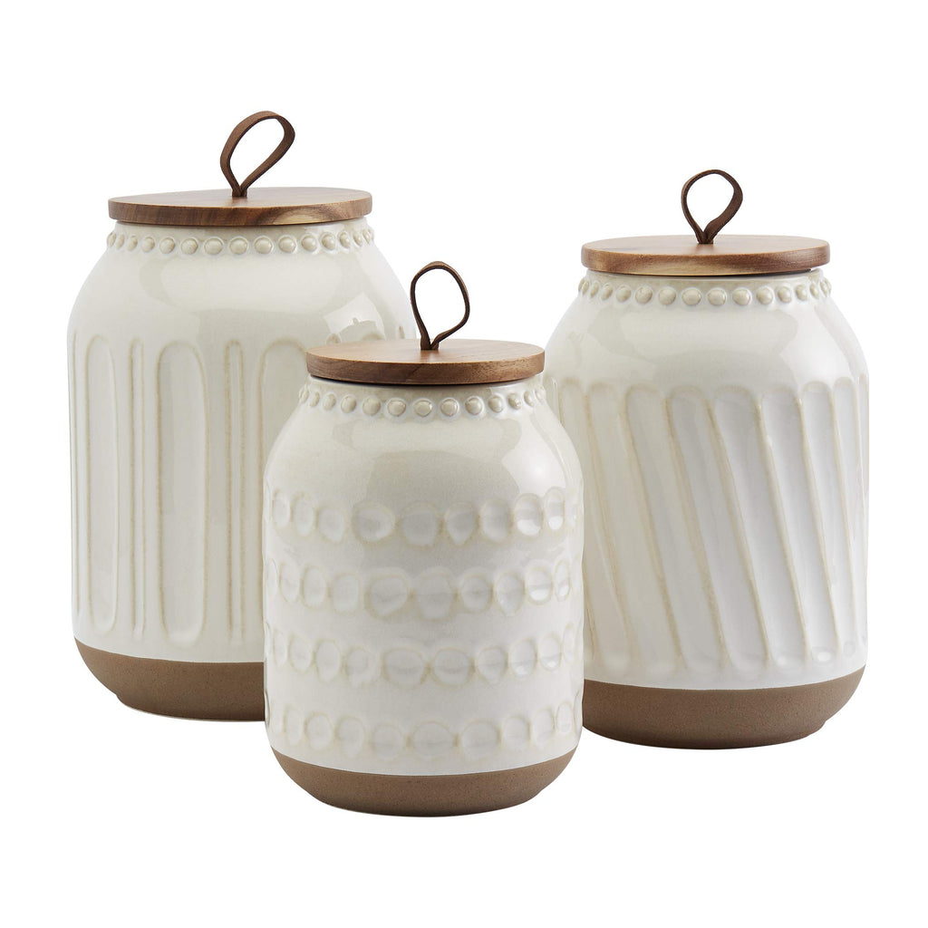 TTU Tabletops Gallery Ceramic Canister Collection- Stoneware Designed Kitchen Storage Acacia Wood White Set, 3 Piece Green Leaf Canister Set