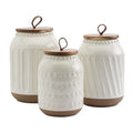 TTU Tabletops Gallery Ceramic Canister Collection- Stoneware Designed Kitchen Storage Acacia Wood White Set, 3 Piece Green Leaf Canister Set