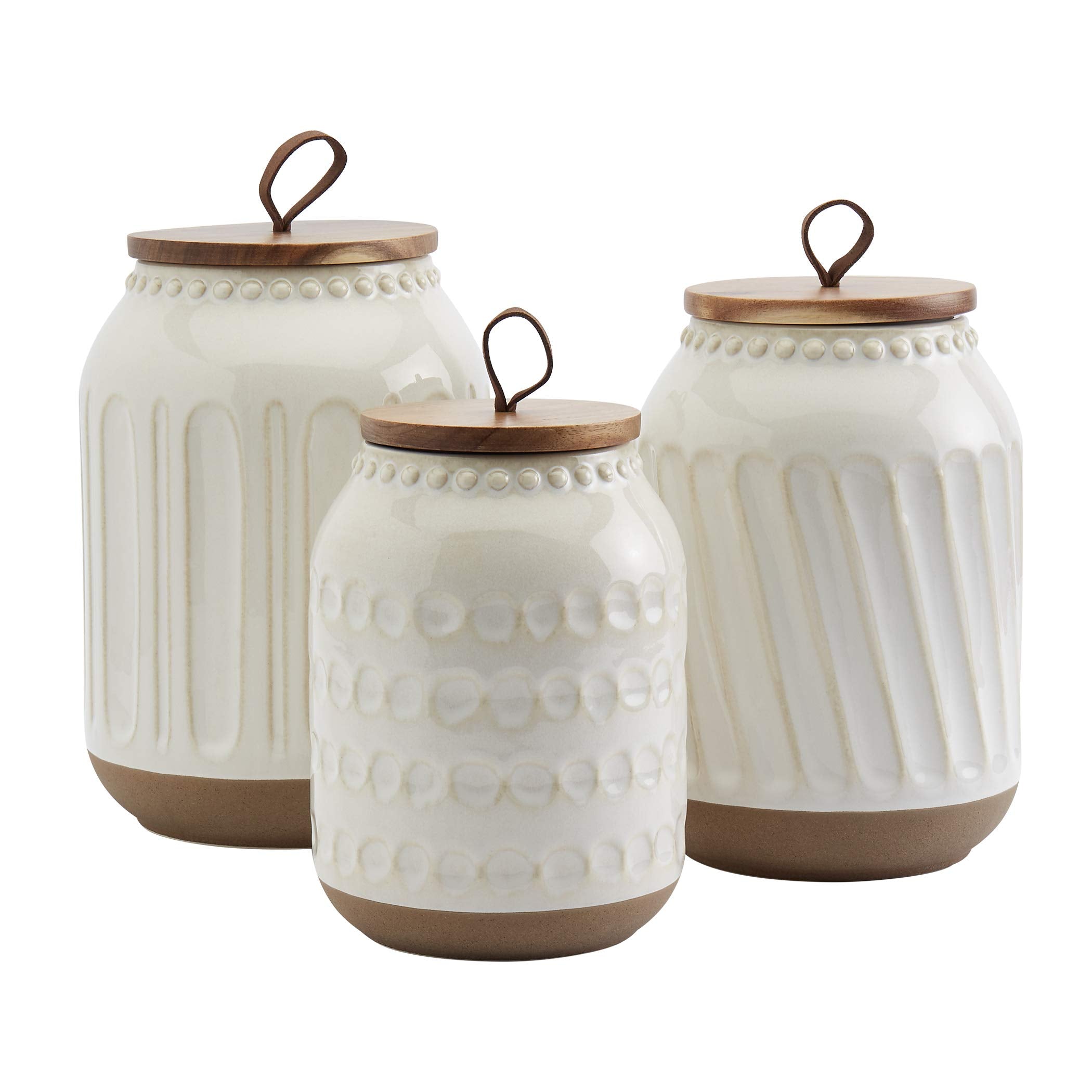 TTU Tabletops Gallery Ceramic Canister Collection- Stoneware Designed Kitchen Storage Acacia Wood White Set, 3 Piece Green Leaf Canister Set