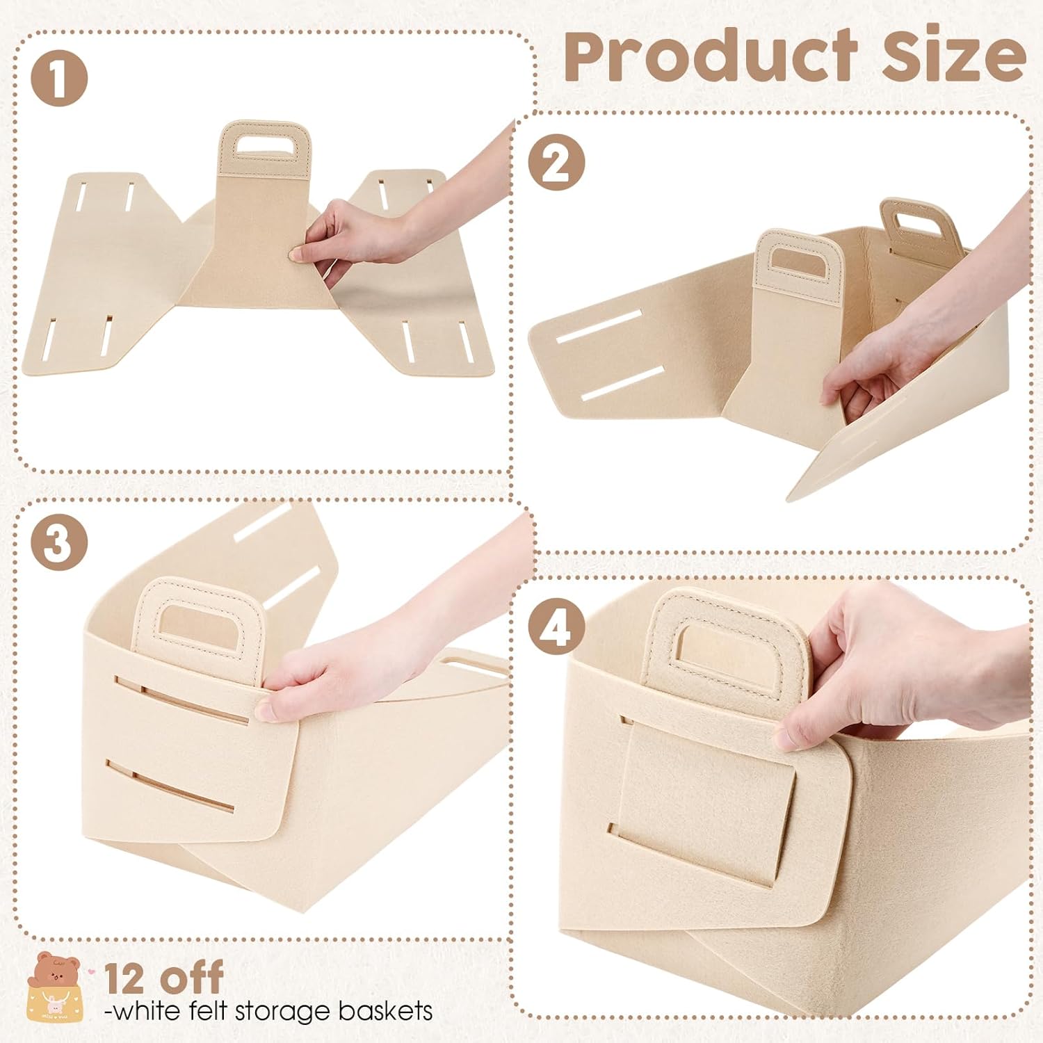 12 Pcs Storage Baskets Felt Storage Bin Beige Felt Collapsible Convenient Box Organizer with Carry Handles for Office Bedroom Closet Babies Nursery Toys Laundry (9.8×7.1×5.9in)