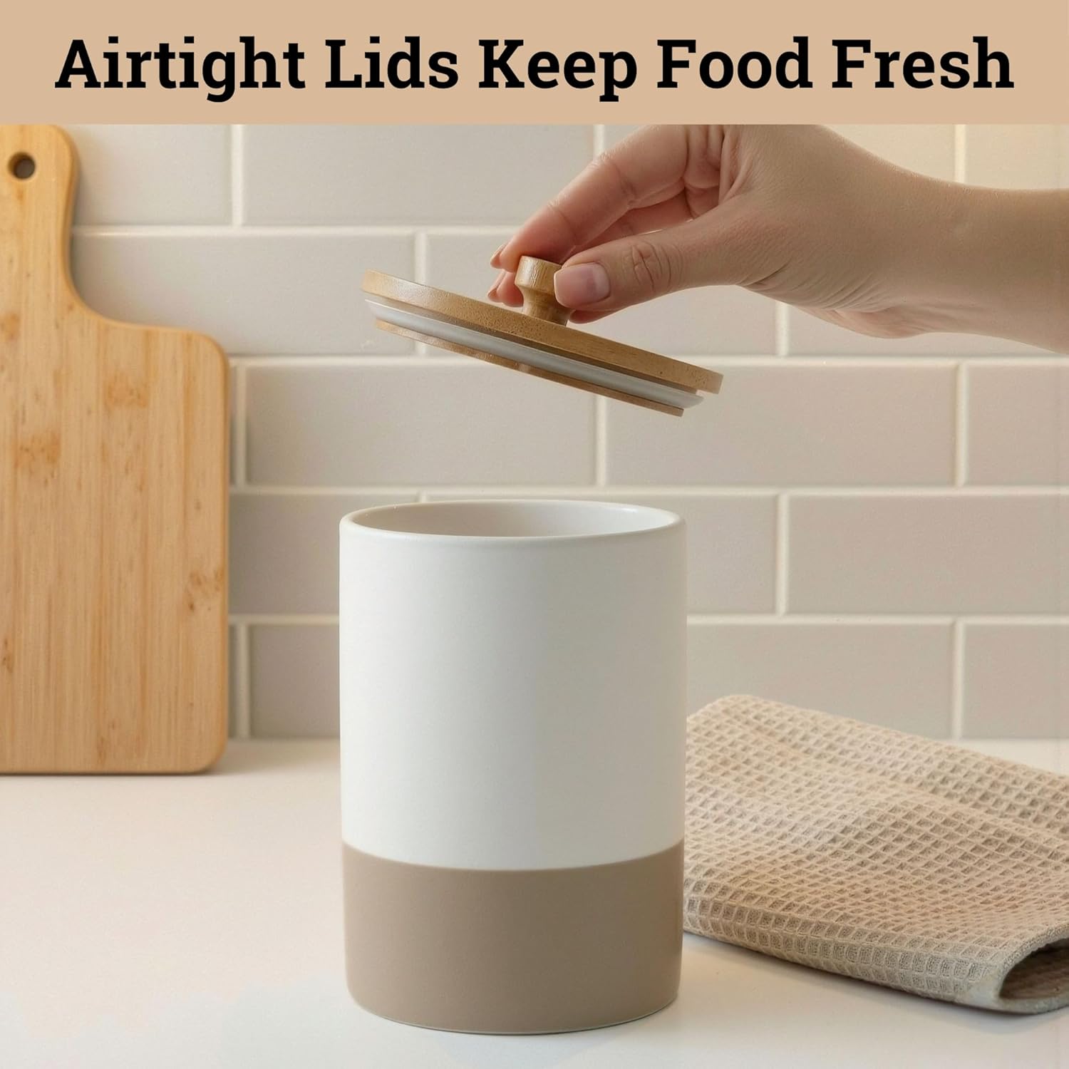 Ceramic Kitchen Canisters for Countertop Set of 3 with Airtight Bamboo Lids - White & Beige Kitchen Canisters with Airtight Lids - Flour Sugar Canister Set - Flour and Sugar Containers Farmhouse