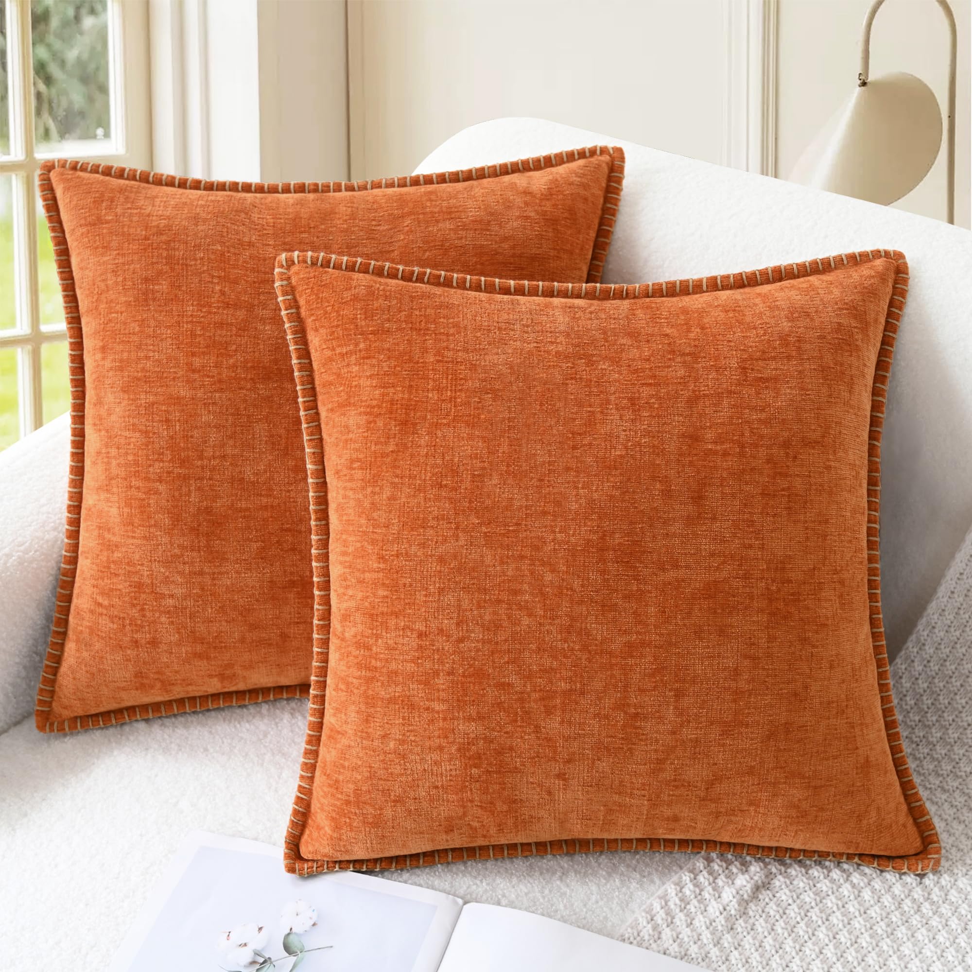 CaliTime Throw Pillow Covers Decorative 26 X 26 Inches Pack of 2 Cotton Thread Stitching Edges Solid Dyed Soft Chenille Cushion Cases for Couch Sofa Bed Living Room Farmhouse Coffee