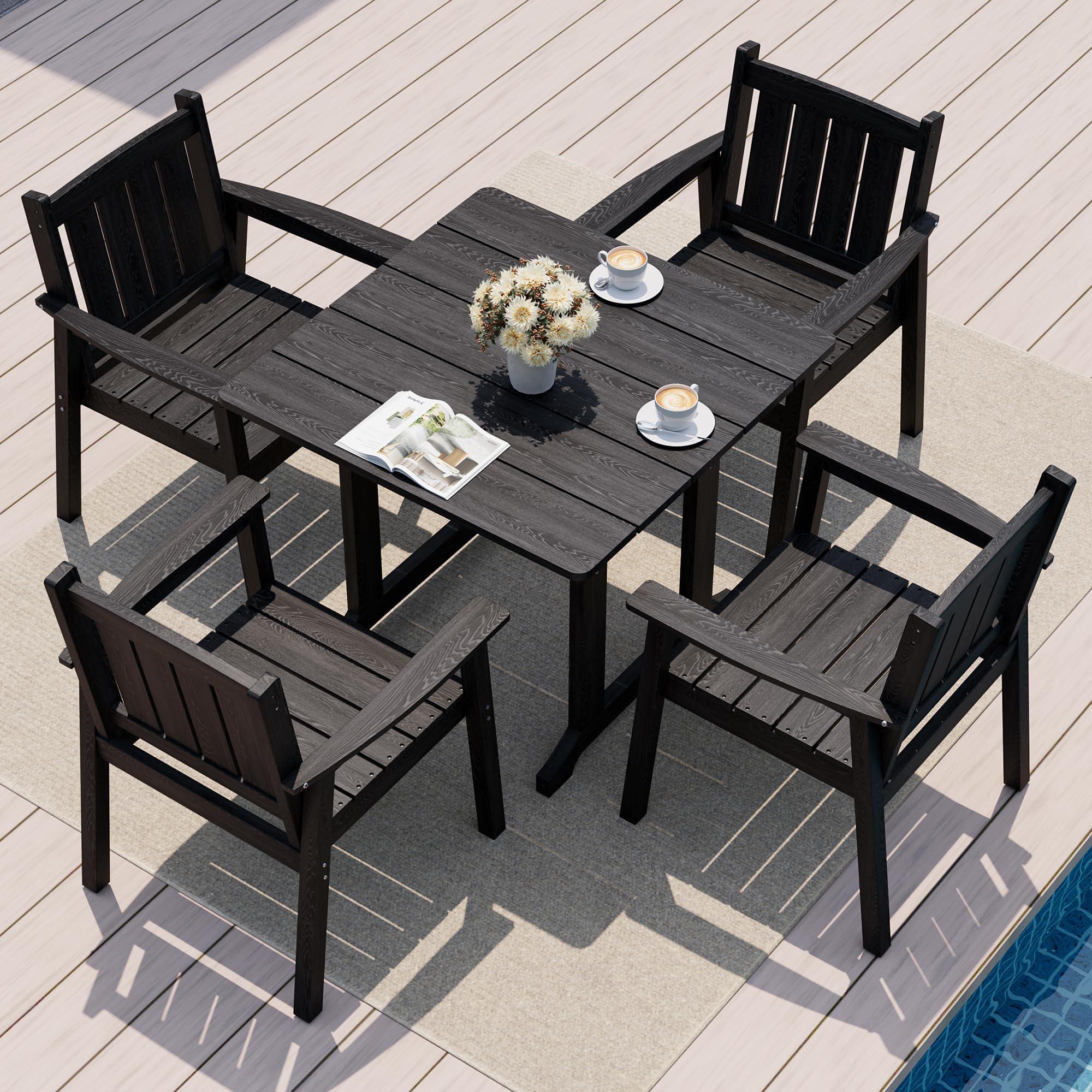 Pamapic 5 PCS Outdoor Dining Set, Spacious HDPE Outdoor Table and Chairs, Wood Grain Patio Furniture Sets with Elegant Armrest, All-Weather Patio Dining Table with Umbrella Hole, Gray