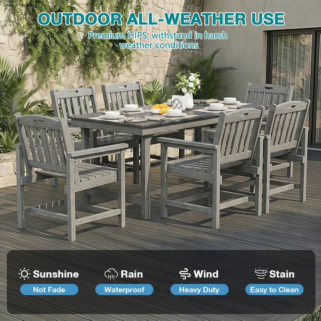Mdeam 7-Piece HIPS Outdoor Dining Set, 66.9" Marble Texture Patio Table with Umbrella Hole, 440LBS Capacity, 6 Wider Chairs, Dining Table Set for 6, Outdoor Furniture with Galvanized Steel Frame, Grey