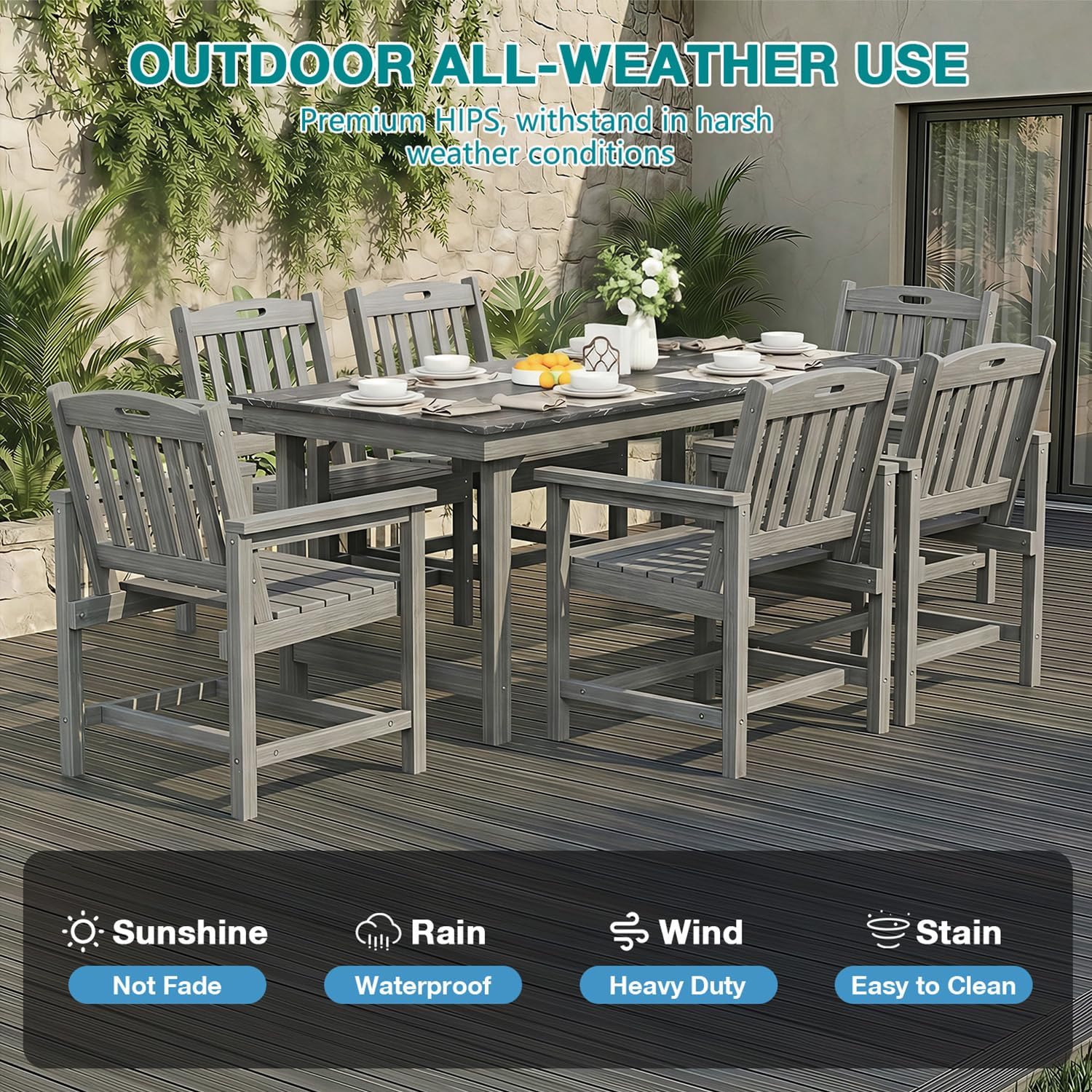 Mdeam 7-Piece HIPS Outdoor Dining Set, 66.9" Marble Texture Patio Table with Umbrella Hole, 440LBS Capacity, 6 Wider Chairs, Dining Table Set for 6, Outdoor Furniture with Galvanized Steel Frame, Grey