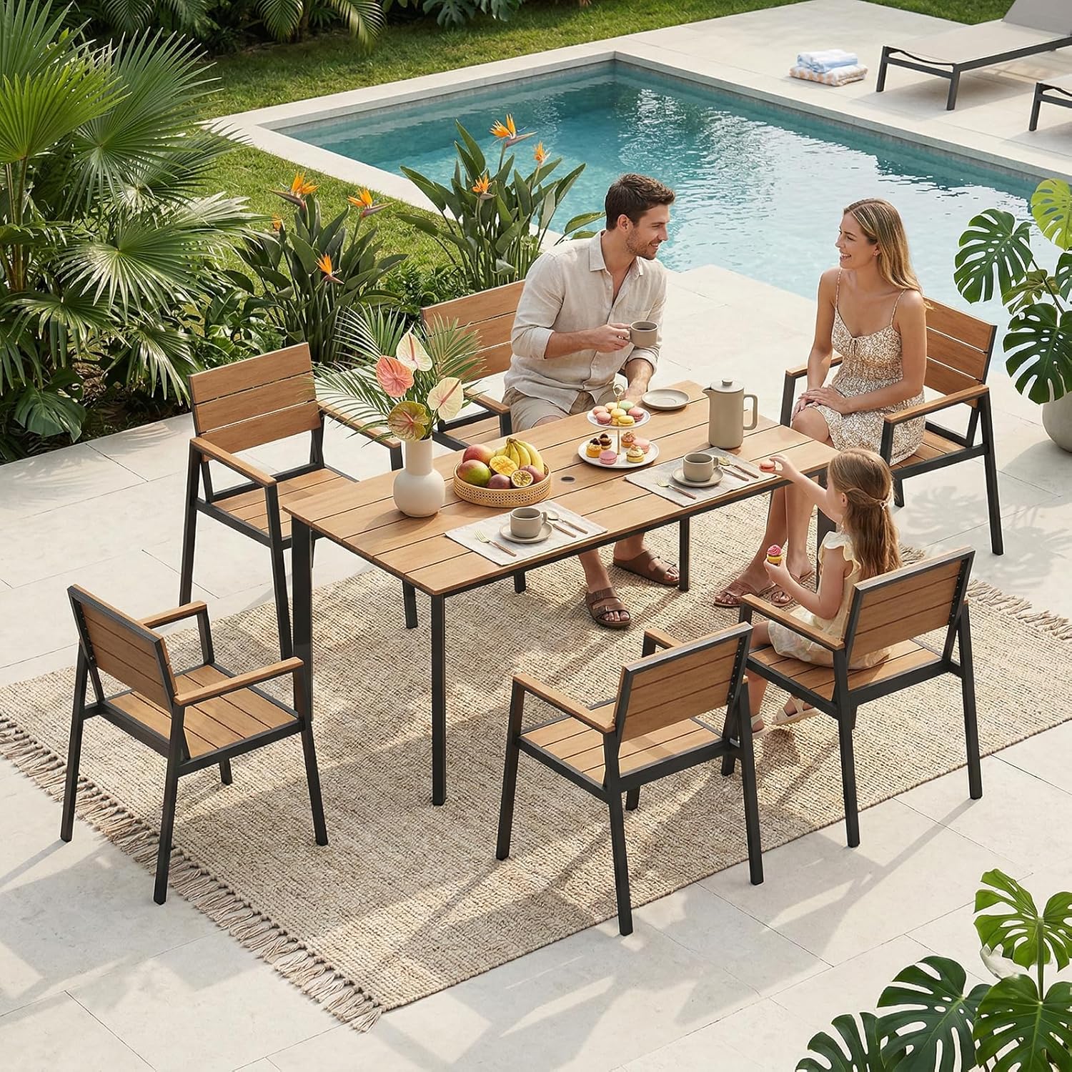 Outdoor Dining Set, Patio Table and Chairs Set with Umbrella Hole, 7 Pieces HDPS + Aluminum Patio Dining Furniture Set for Backyard, Garden (Gray & Teak)
