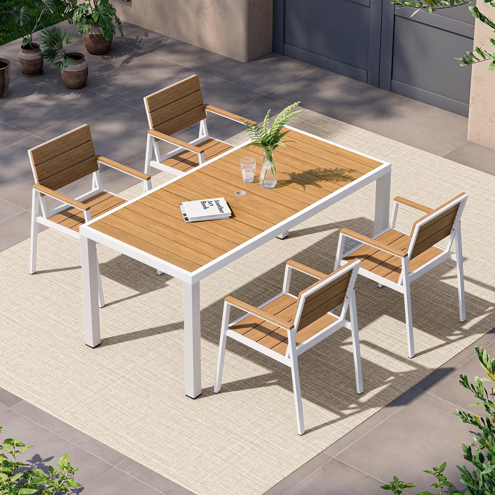 Vexwalx 7-Piece Outdoor Dining Set, Aluminum Dining Table Set for 6, Patio Table and Chairs Set with Umbrella Hole, All Weather HDPS Outdoor Table and Chairs for 6 (Gray-Teak)