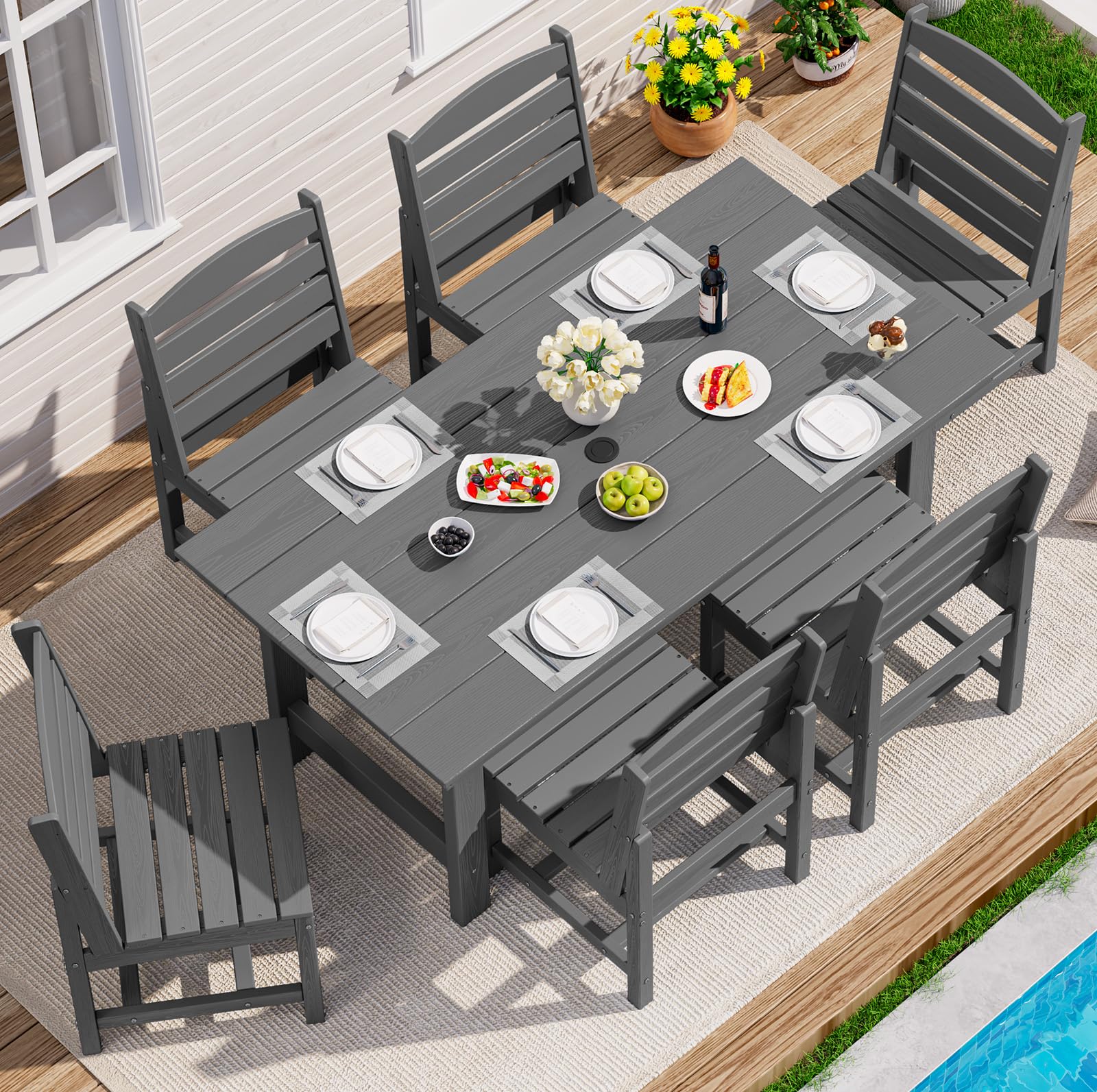 SERWALL Outdoor HDPE Dining Table Set, 7-Piece Outdoor Dining Table Sets with Umbrella Hole Cut-Out Table and 6 Chairs, Gray