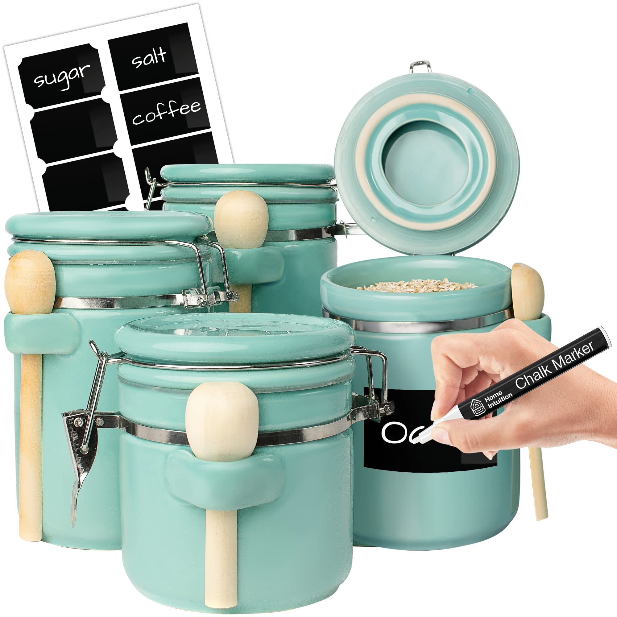 Home Intuition 4-Piece Ceramic Kitchen Canisters Set, Airtight Containers with Wooden Spoons Reusable Chalk Labels and Marker for Sugar, Coffee, Flour, Tea (Mint)