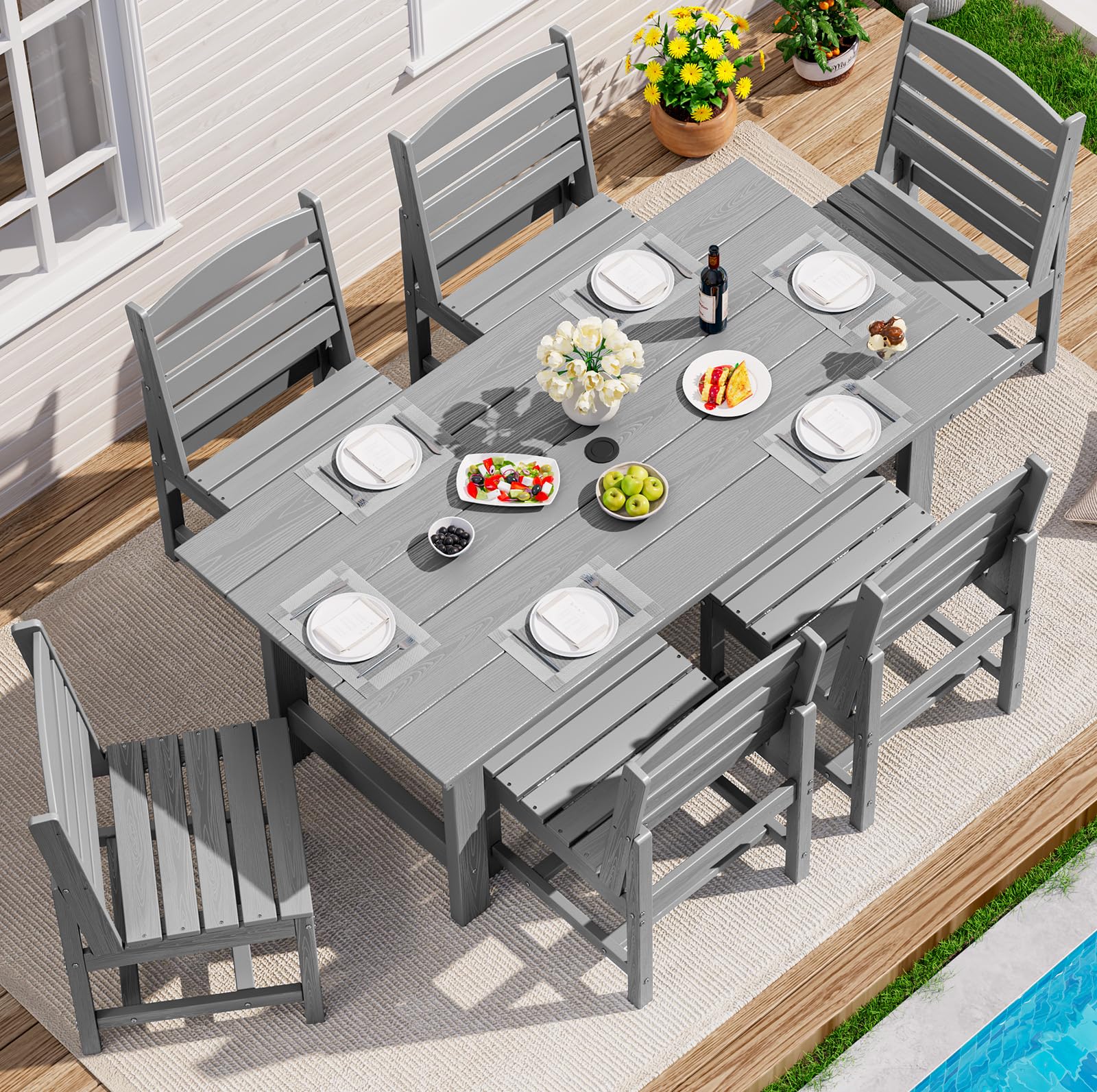 SERWALL Outdoor HDPE Dining Table Set, 7-Piece Outdoor Dining Table Sets with Umbrella Hole Cut-Out Table and 6 Chairs, Gray