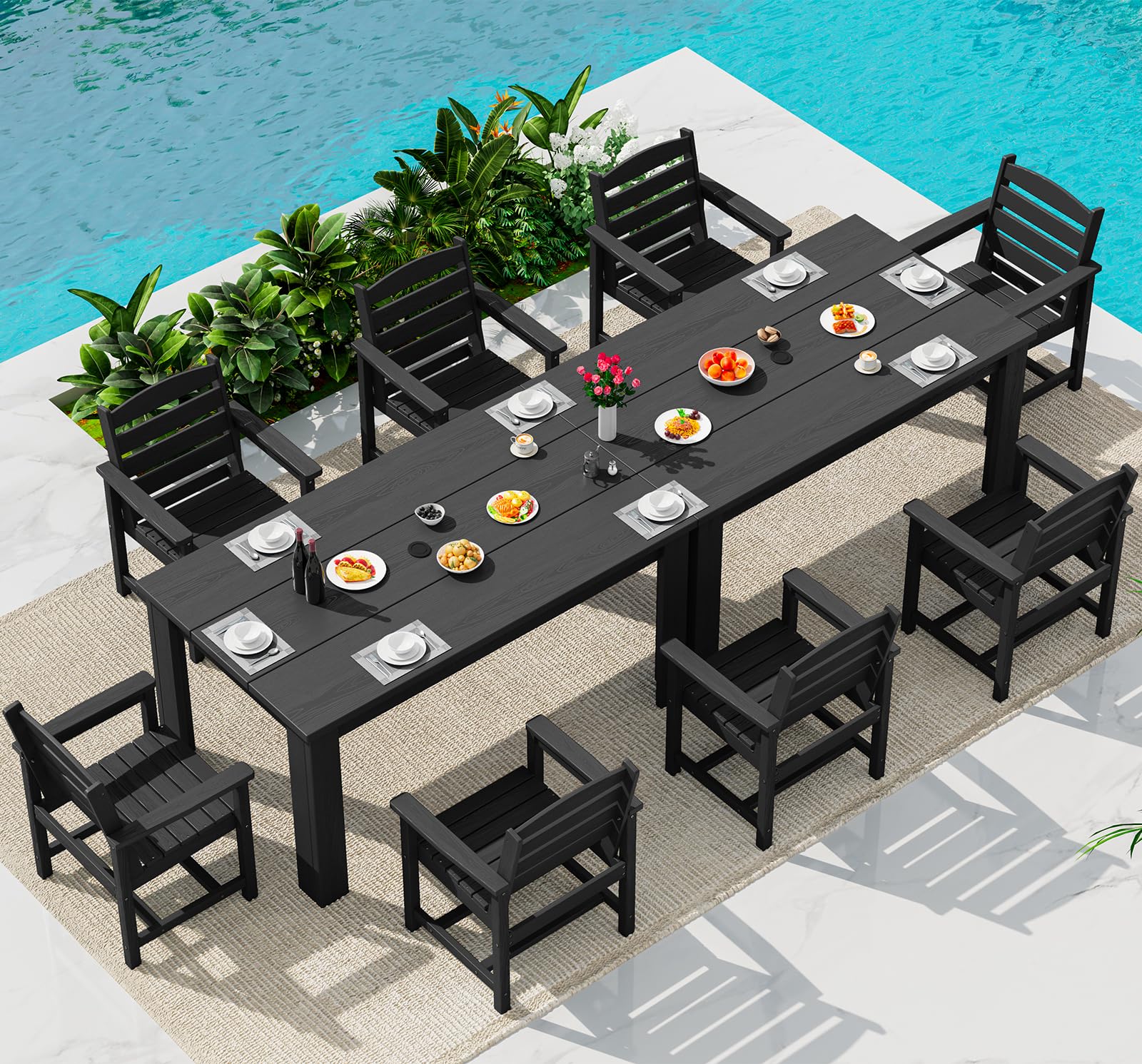 SERWALL HDPE Dining Set for 6: 1 Umbrella Hole Table, 4 Armless + 2 Armchairs. Includes 6 Plastic Woven Placemats – Heat-Resistant, Non-Slip & Easy to Clean. for Patio, Garden, Backyard. Black