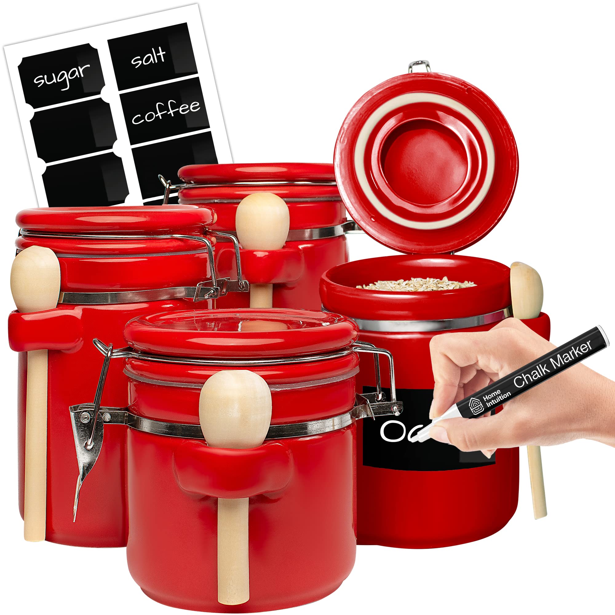 Home Intuition 4-Piece Ceramic Kitchen Canisters Set, Airtight Containers with Wooden Spoons Reusable Chalk Labels and Marker for Sugar, Coffee, Flour, Tea (Mint)