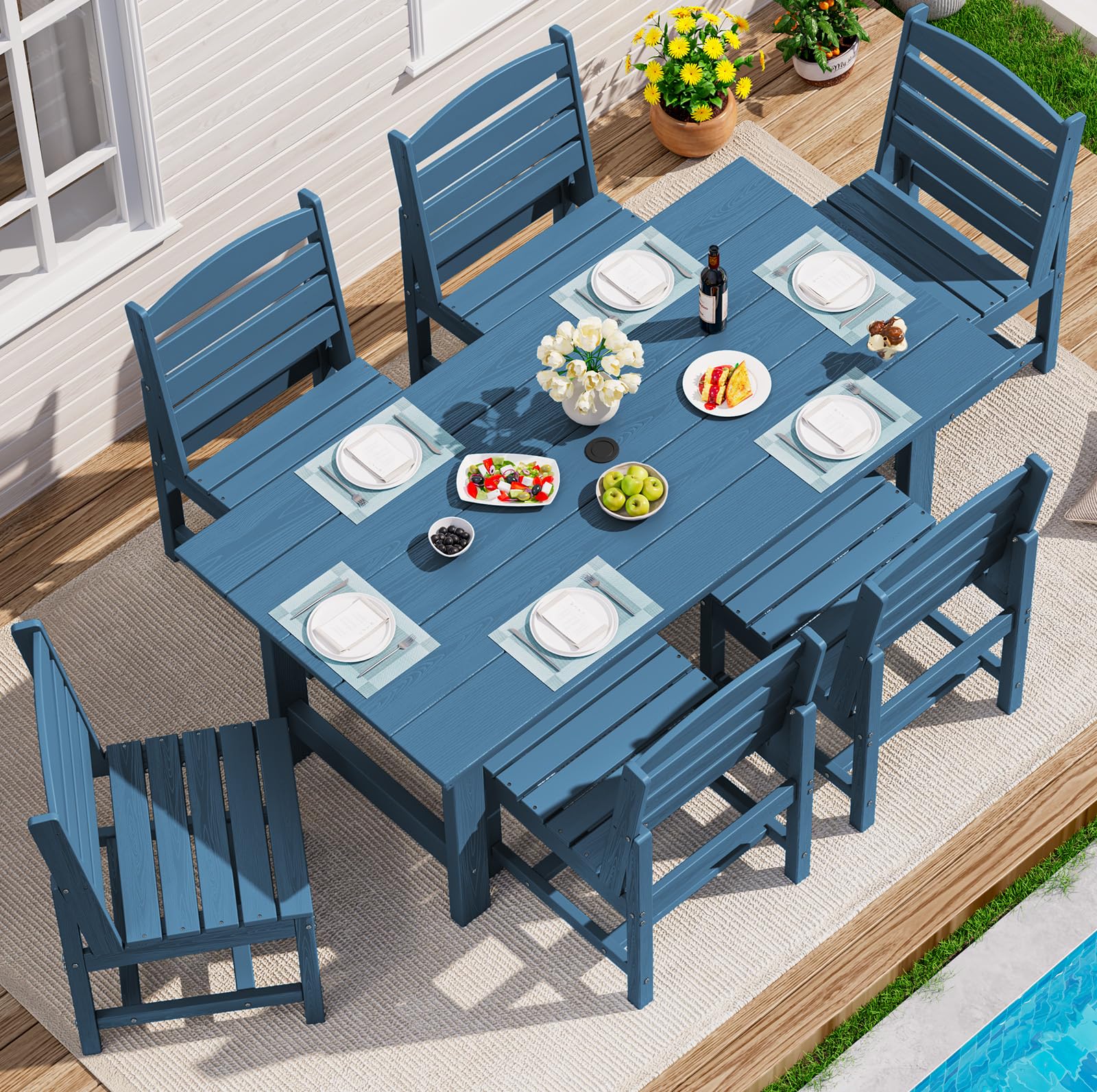 SERWALL Outdoor HDPE Dining Table Set, 7-Piece Outdoor Dining Table Sets with Umbrella Hole Cut-Out Table and 6 Chairs, Gray