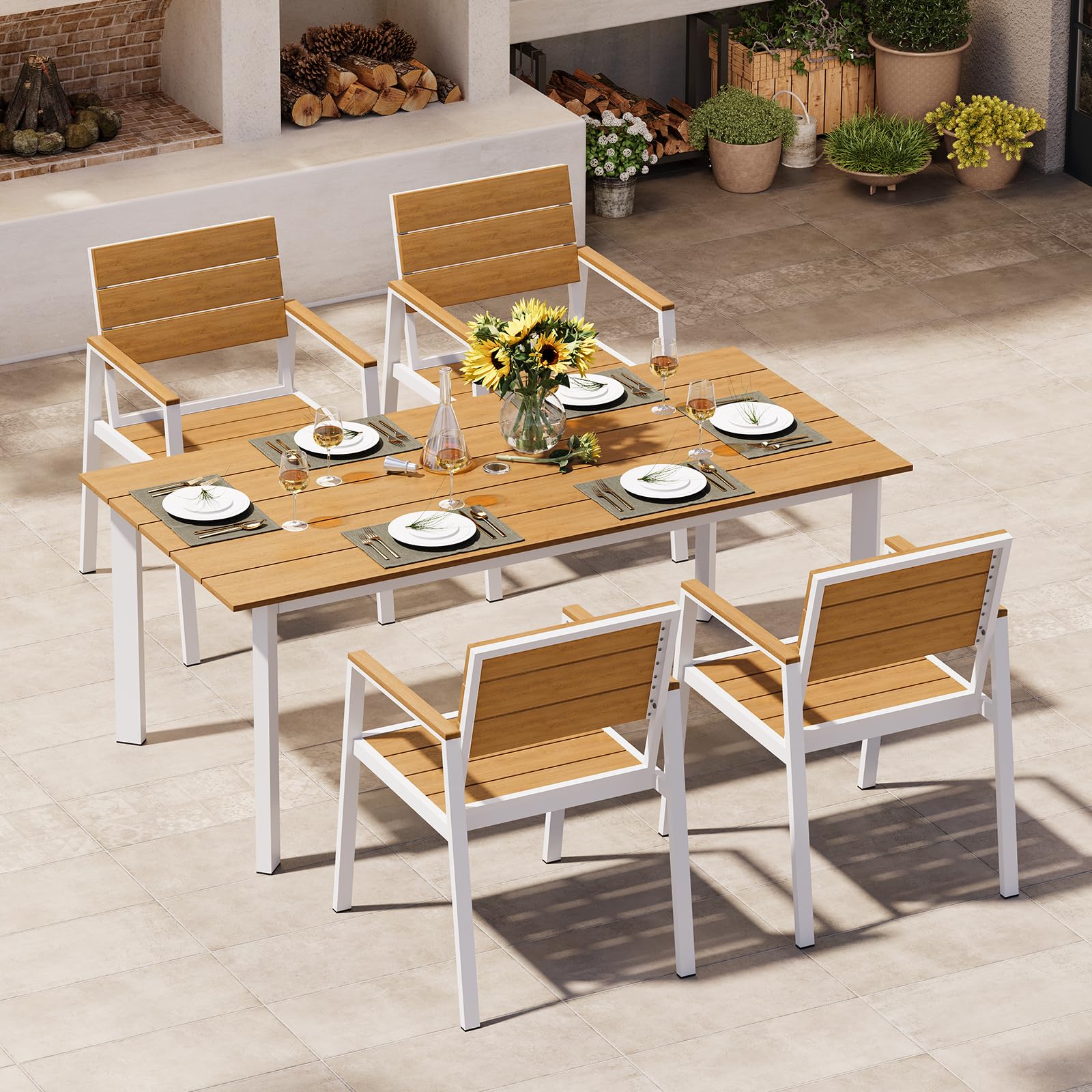 Outdoor Dining Set, Patio Table and Chairs Set with Umbrella Hole, 7 Pieces HDPS + Aluminum Patio Dining Furniture Set for Backyard, Garden (Gray & Teak)