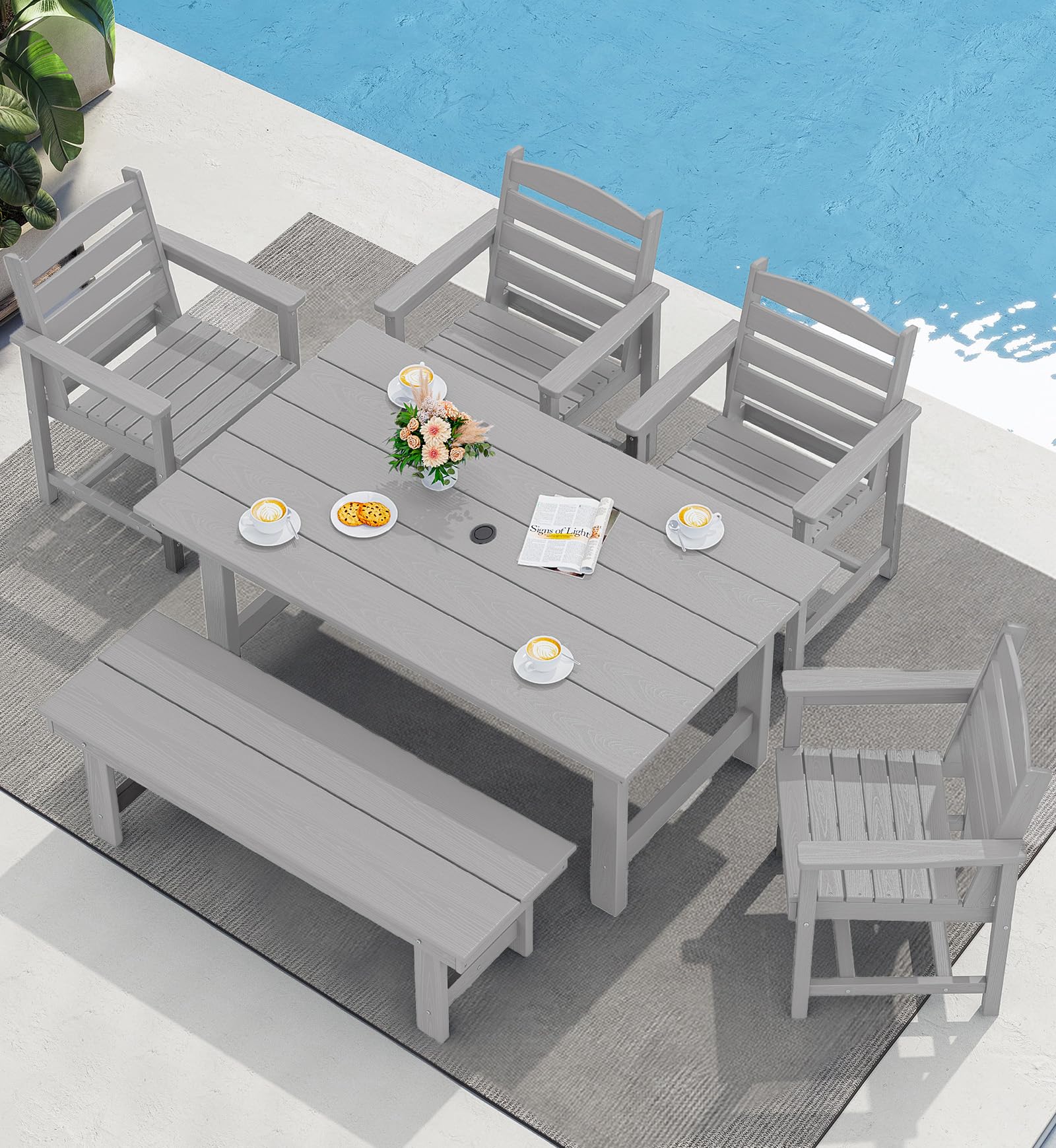 SERWALL Outdoor HDPE Dining Table Set, 7-Piece Outdoor Dining Table Sets with Umbrella Hole Cut-Out Table and 6 Chairs, Gray